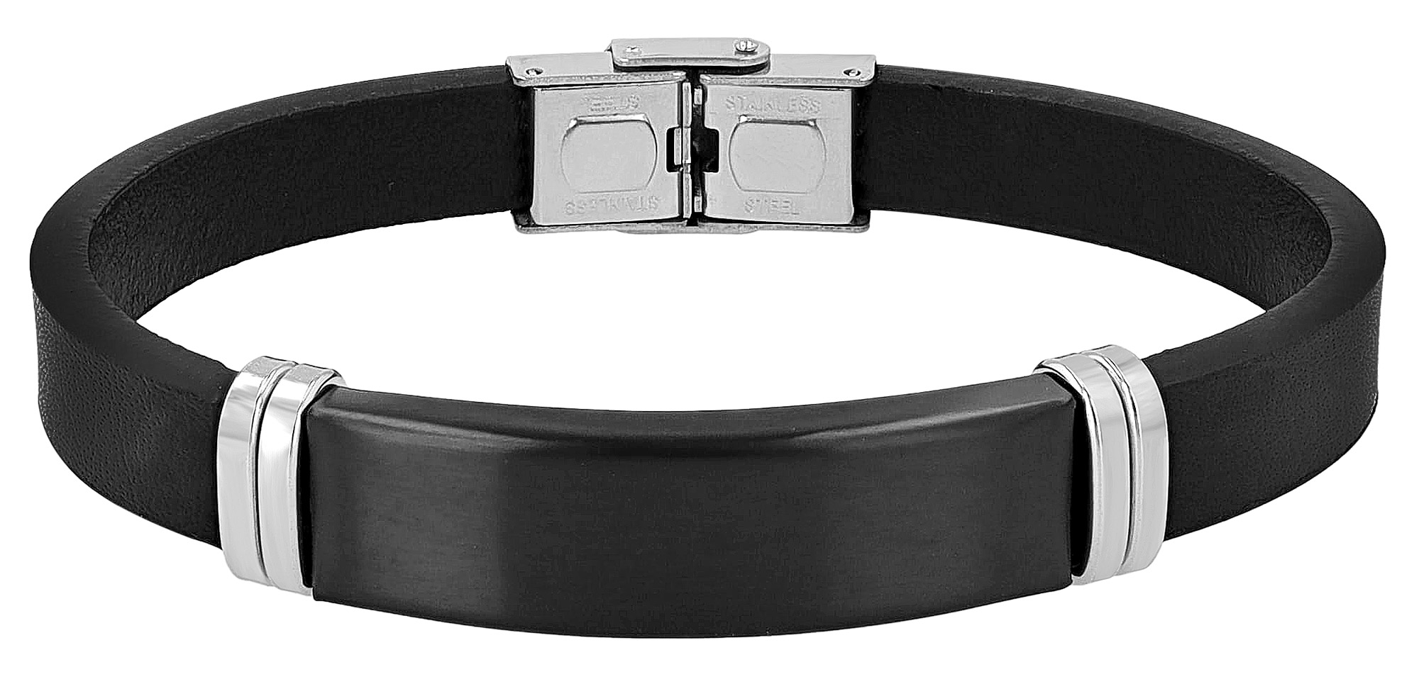 "Tajeu", Echtlederarmband, Edelstahlgravurplatte, schwarz, 19 cm