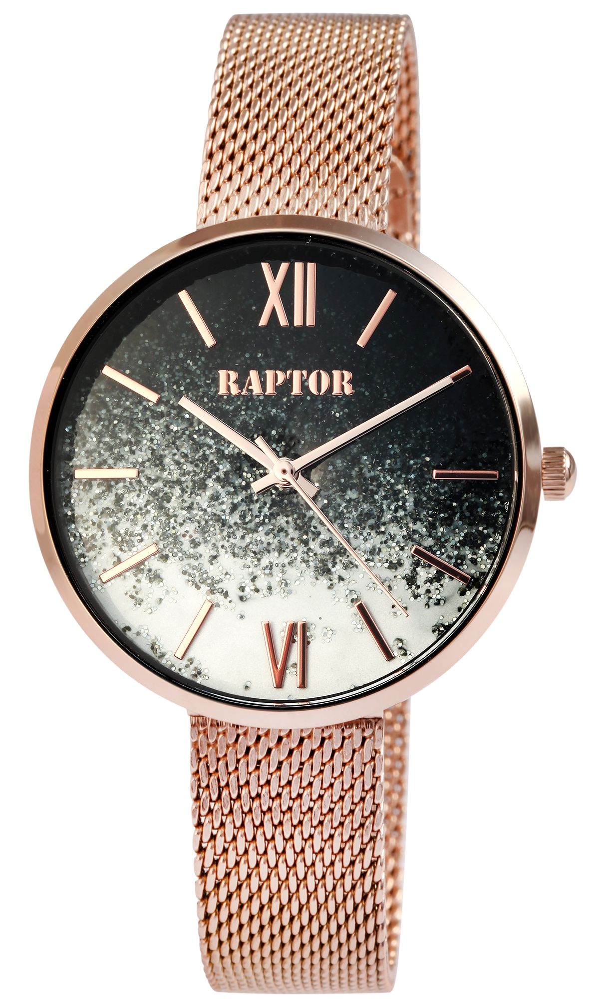 Raptor Damenuhr "Alice" mit Edelstahl-Milanesearmband, roségoldfarben/grün