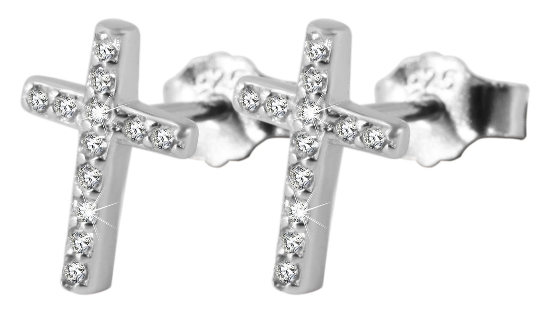 "Kira" 925/- Echt Silber Ohrstecker, Kreuz, weißer Zirkoniabesatz, silberfarben rhodiniert