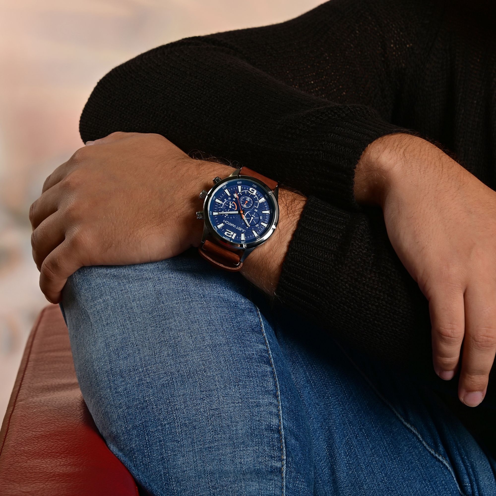 Just Watch Chronograph für Herren, Lederarmband, 5 ATM, braun