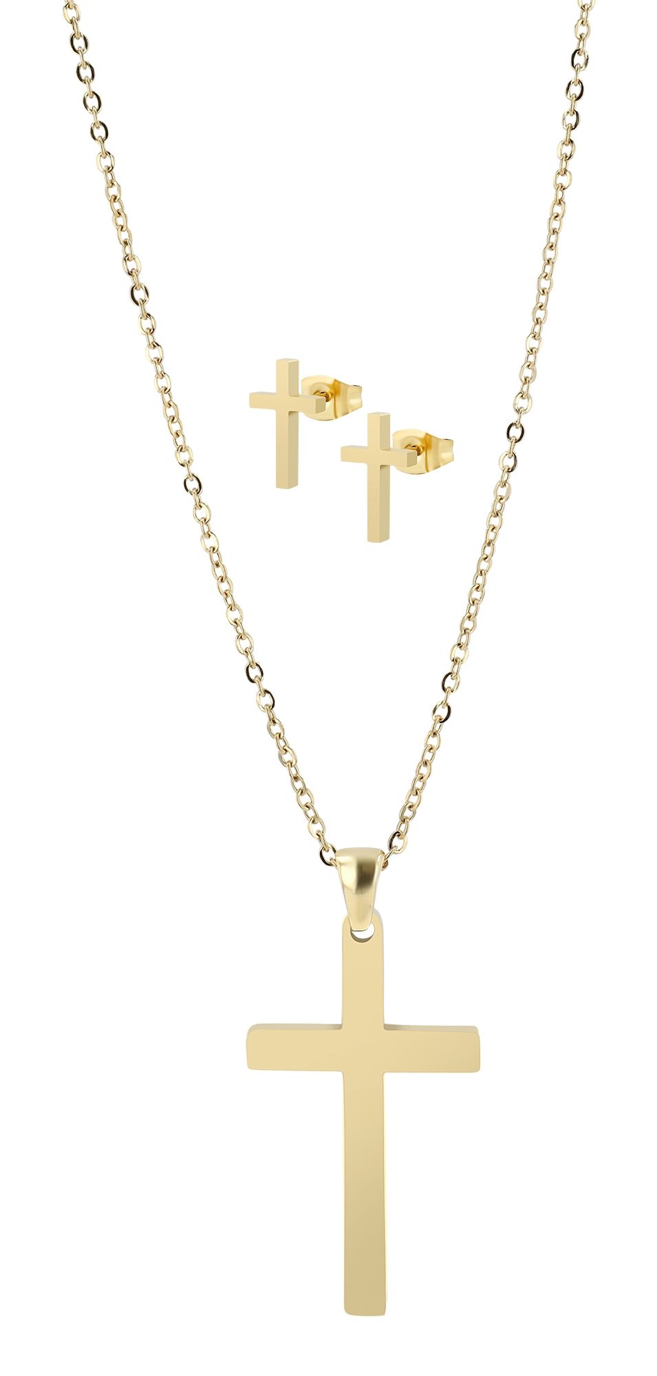 "Monali" Edelstahl Schmuckset - Kette & Ohrstecker - Kreuz, goldfarben