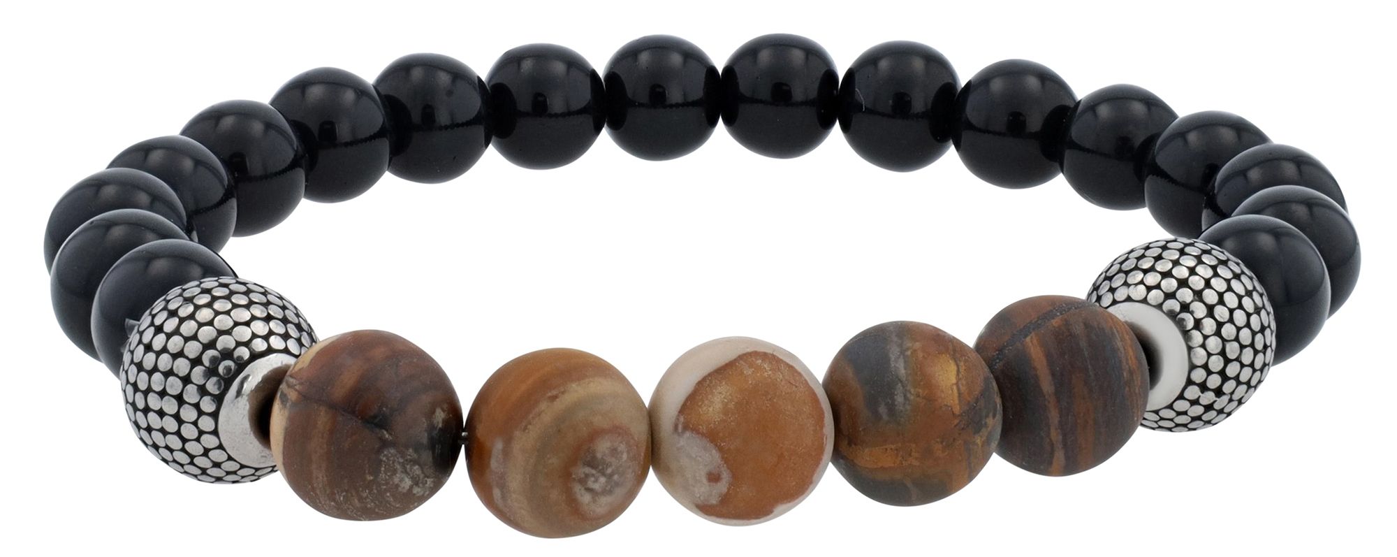 "Andy" Kugelarmband, Naturstein - Onyx + Bernstein/ Edelstahl