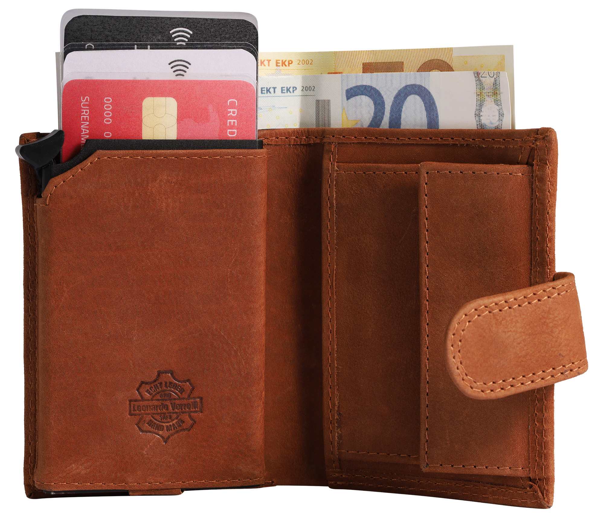Leonardo Verrelli Echtleder (vintage) Geldbörse mit Pop-up-Kartenhalter, RFID, braun