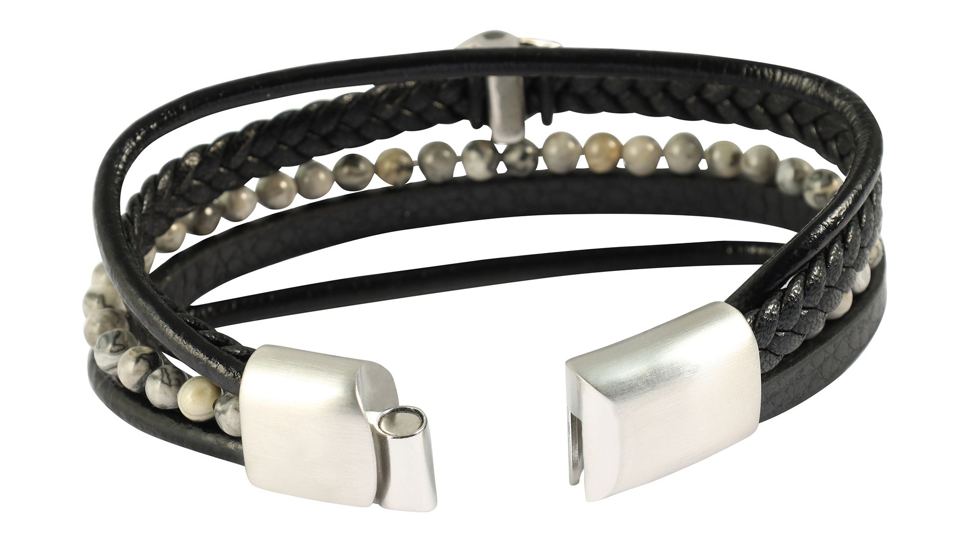 "Lennie" Totenkopf, 19cm, Armband aus Lederimitat mit grauem Jaspis, 4-VE