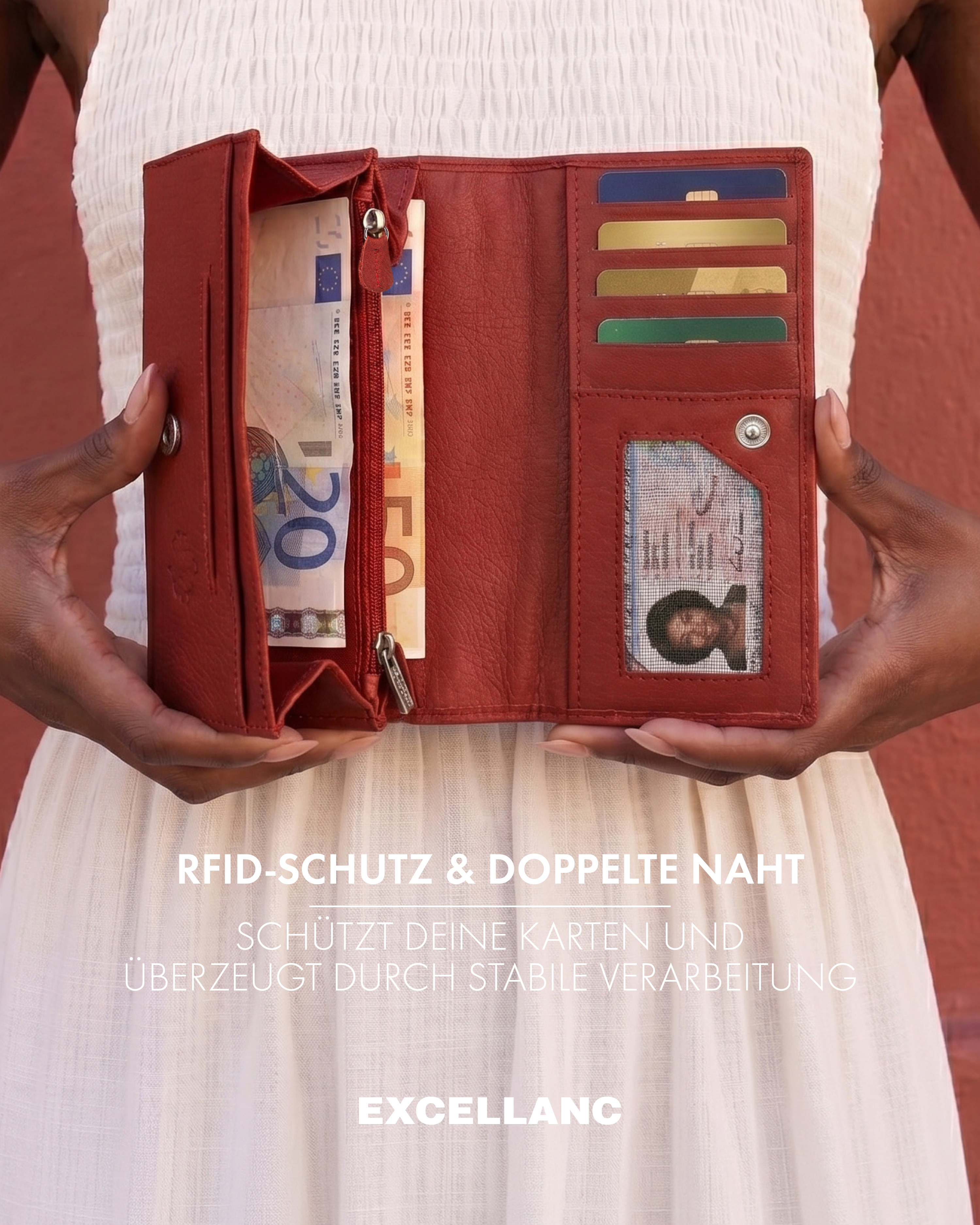 Excellanc Damen Geldbörse, Echtleder (Nappa), RFID, Querformat, rot