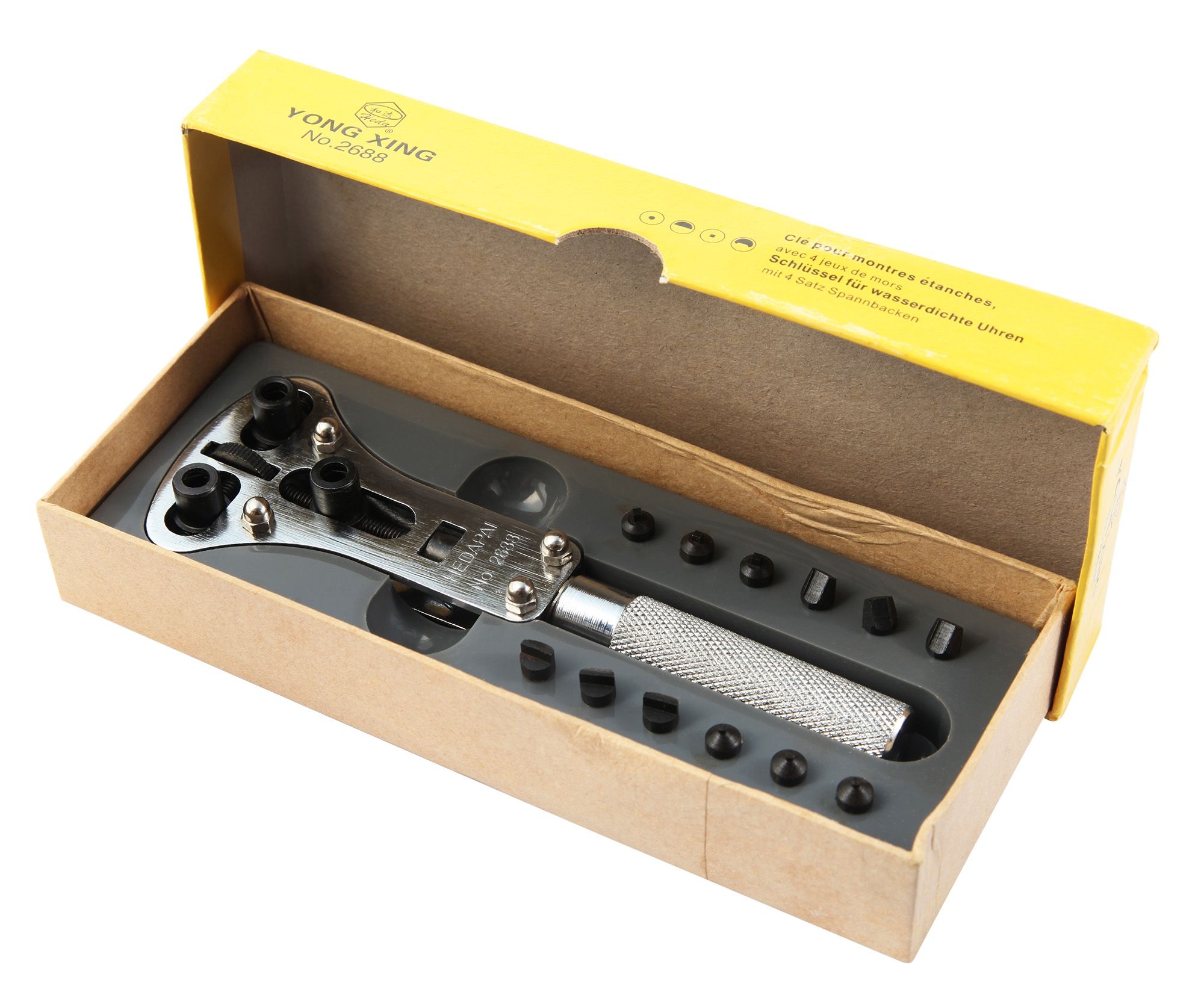 Gehäuseöffner mit 3 einstellbaren Spannbacken, inkl. Box und Ersatzeinsätzen