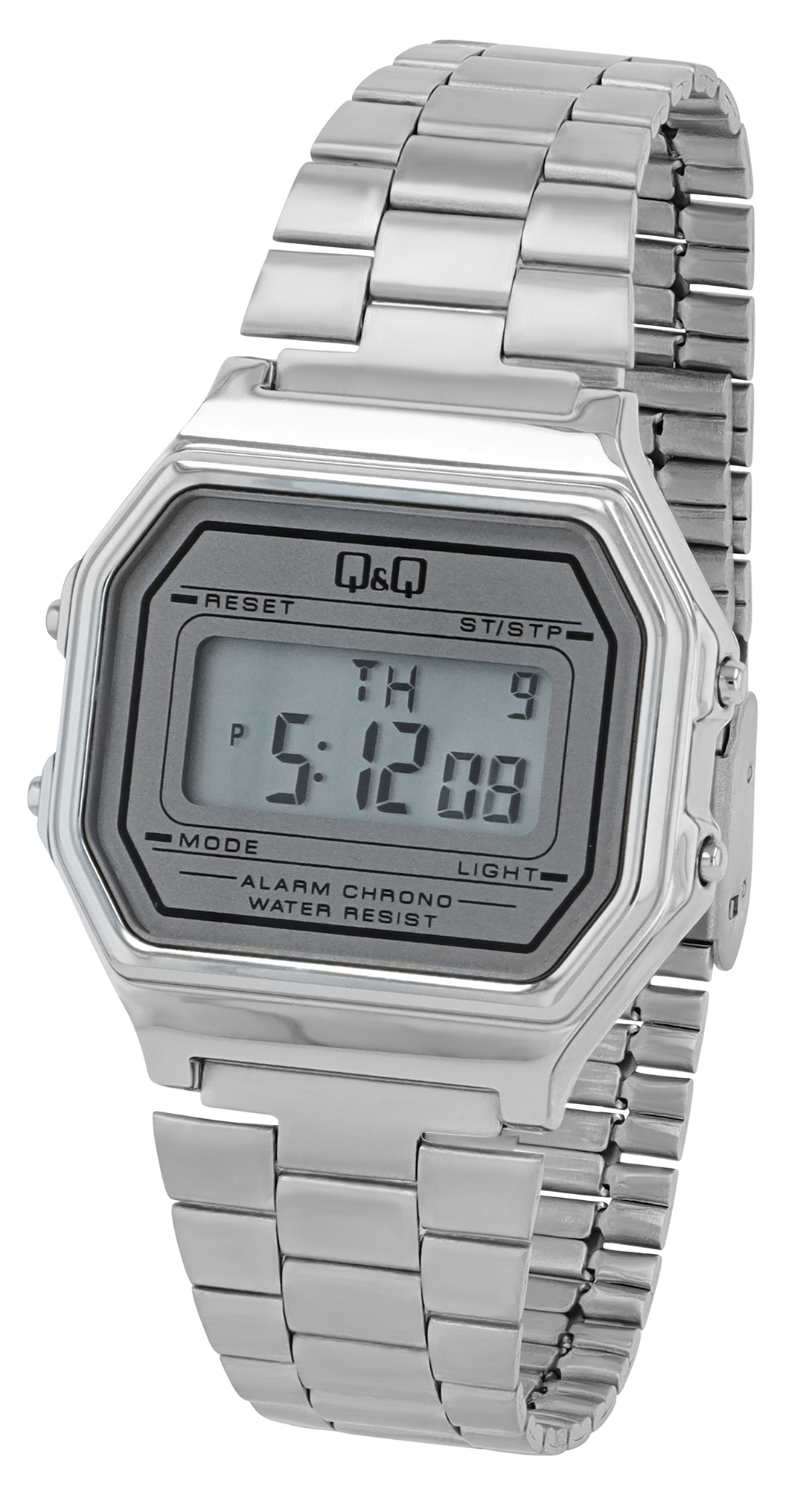 Q&Q LCD Digitaluhr für Herren-/ Jugendliche, Edelstahlband, silberfarben