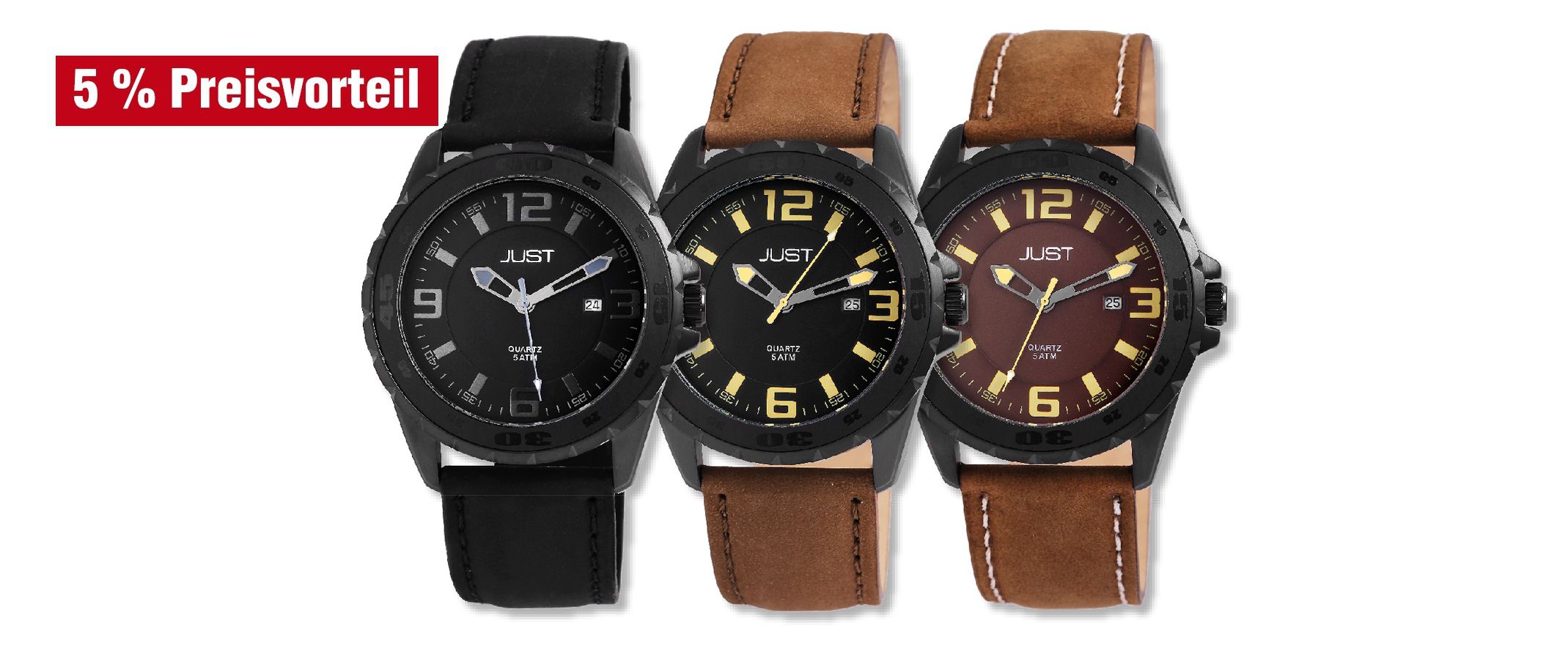 Just Herren Analog Uhren mit Echlederband im 3er-Set, 5% Preisvorteil