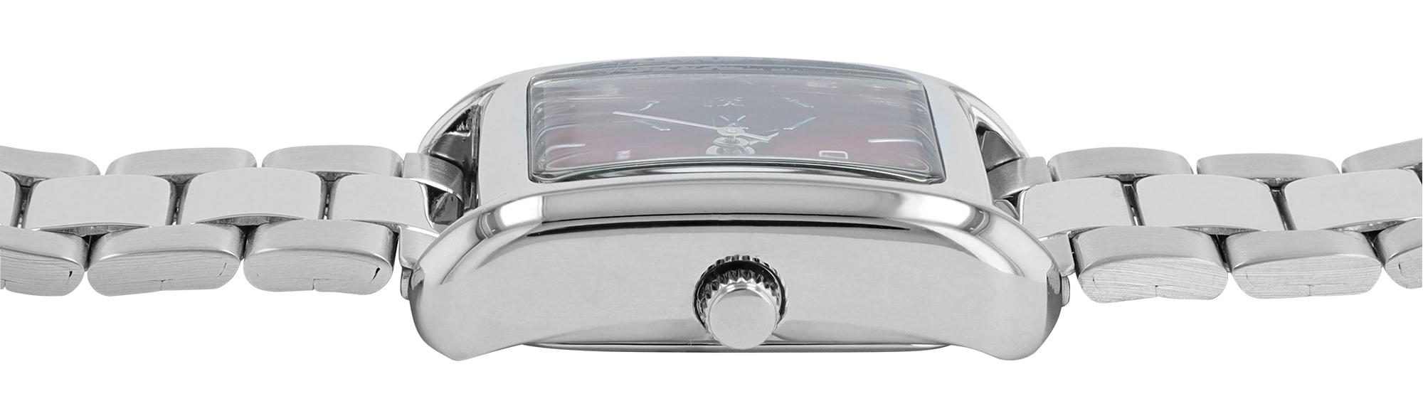Q&Q Damenuhr (rechteckiges Gehäuse 30 × 22 mm), Edelstahlband, silberfarben/ rot