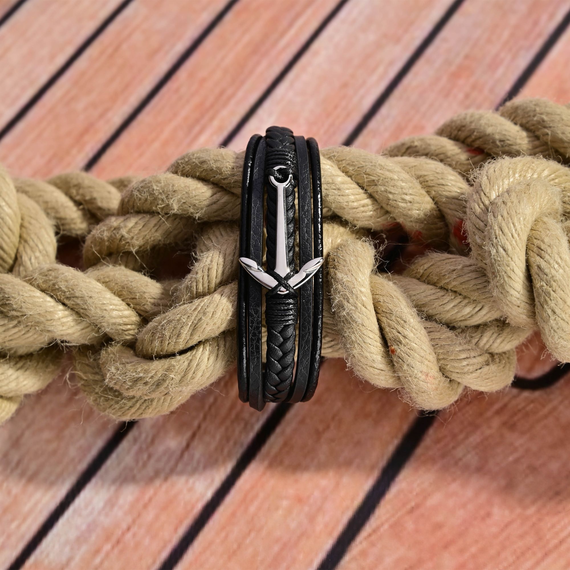 "Arian" Armband 21 cm aus Lederimitat mit Anker, VE-4