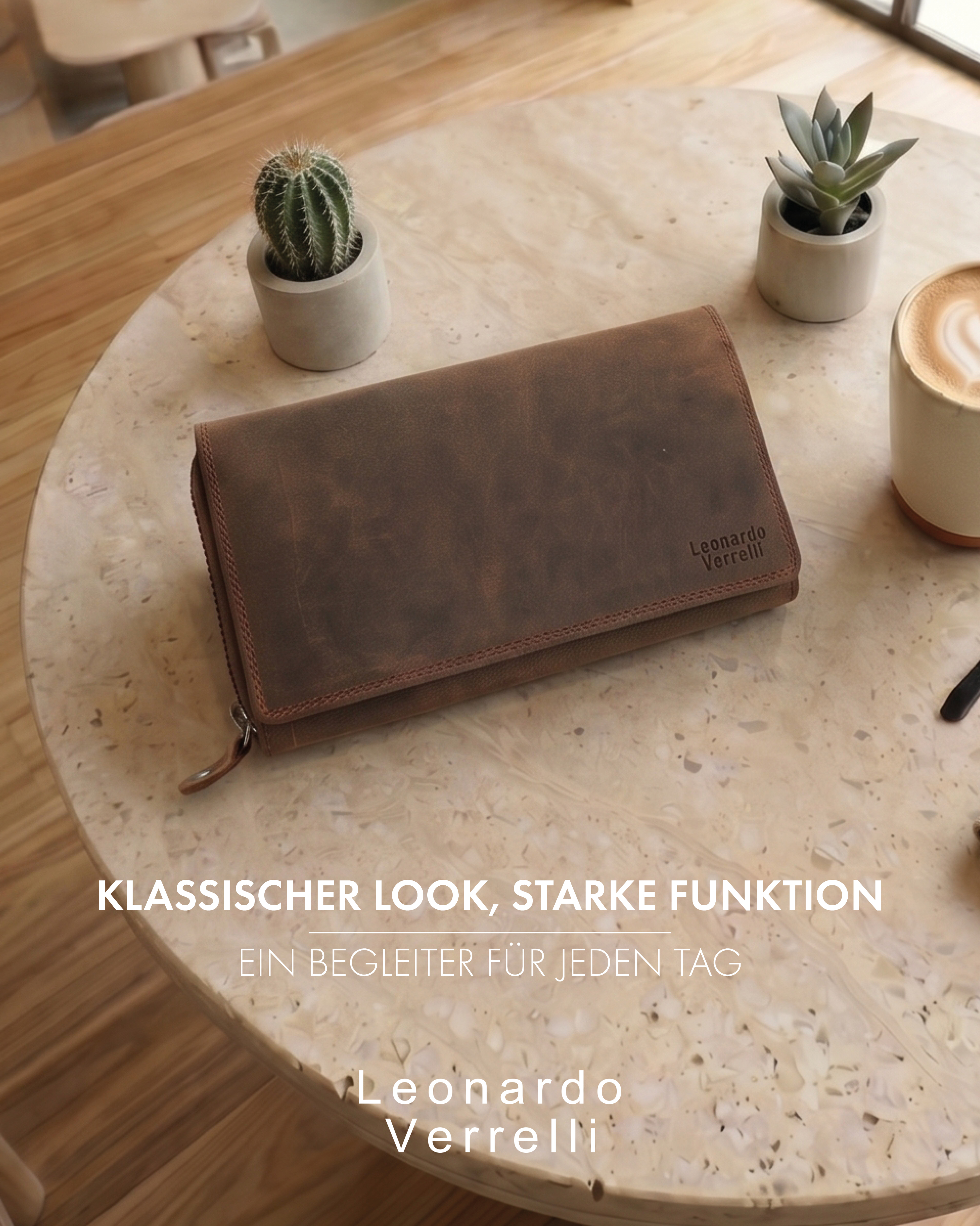 Leonardo Verrelli Echtleder (Hunter) Damen Geldbörse, Querformat, RFID, braun