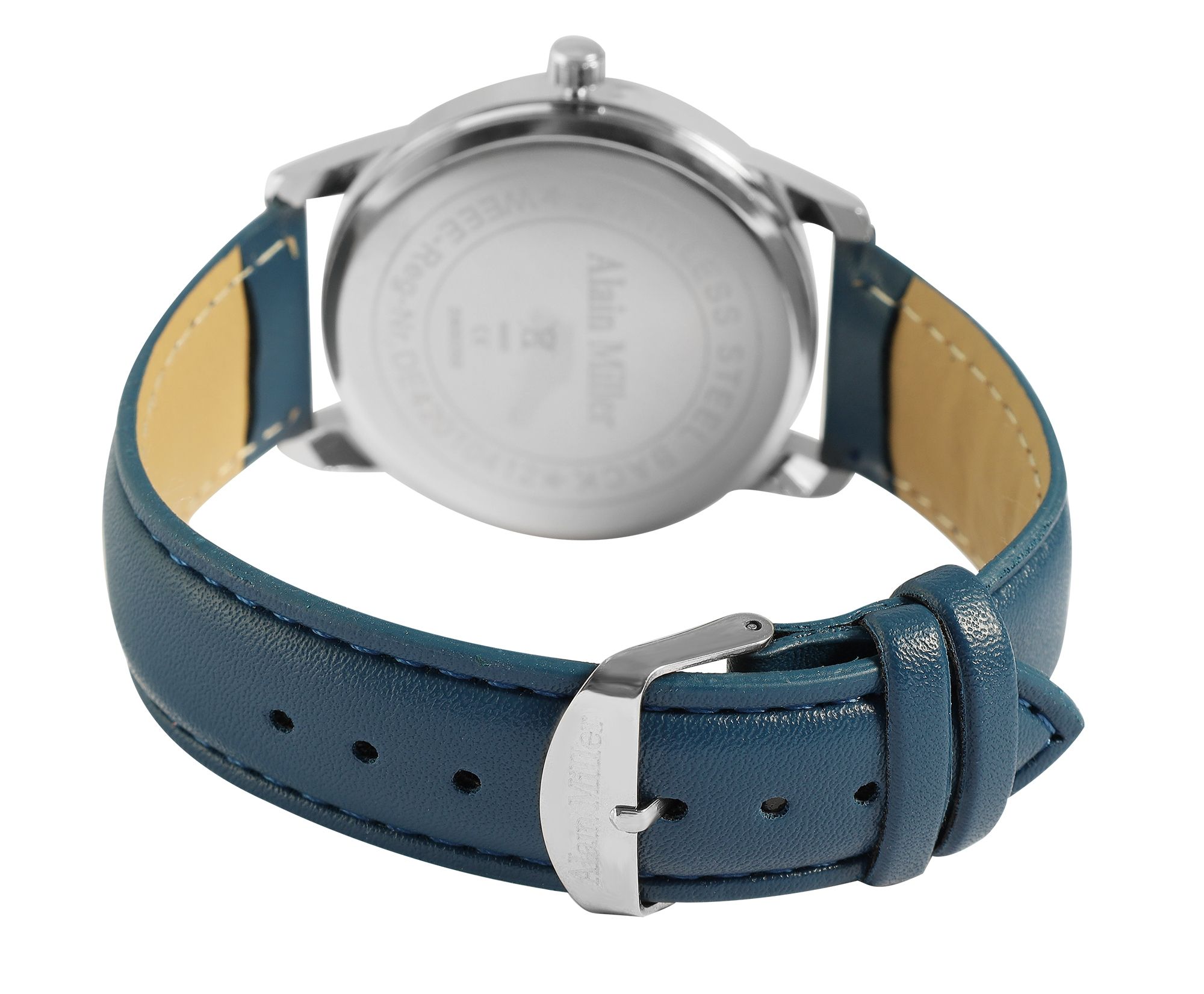 Alain Miller Herrenuhr mit Lederimitationsband, blau/ silberfarben