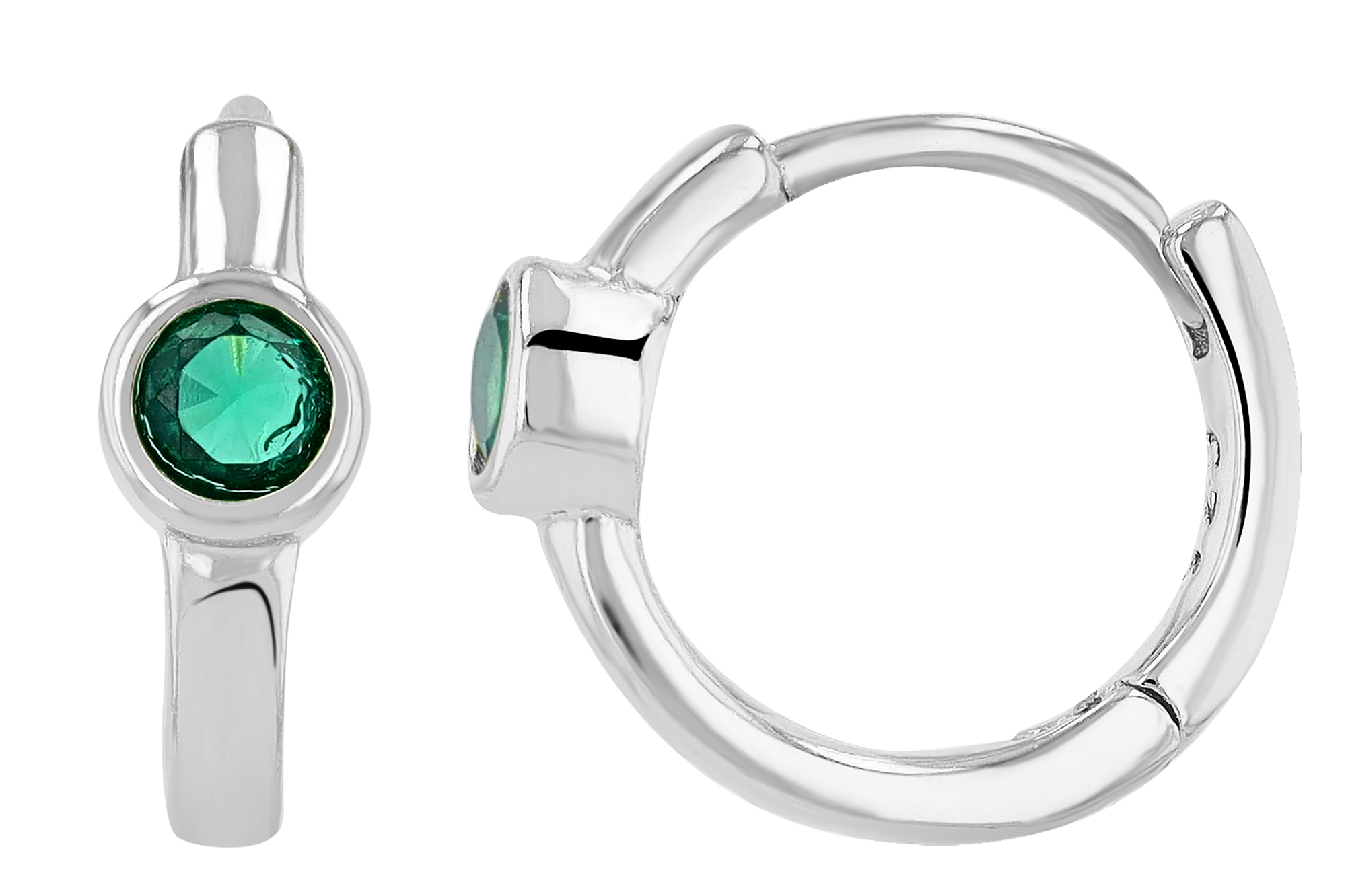 "Mexine" 925/- Echt Silber Mini Creole/ Huggie Ø 9 mm, grünen Zirkoniastein, rhodiniert