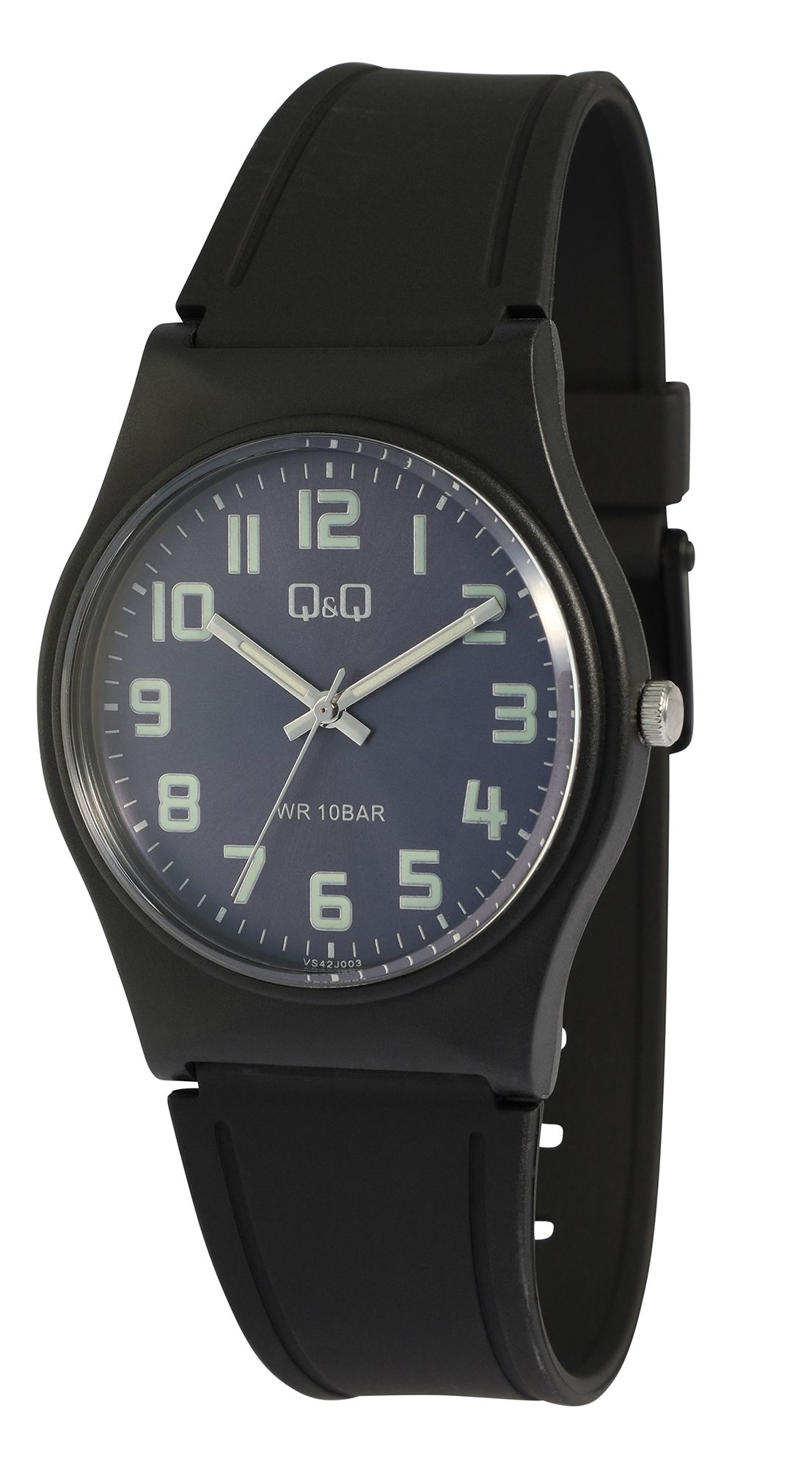 Q&Q Damenuhr mit Silikonarmband, 3-Zeiger/analog, 10 ATM, schwarz/ZB blau