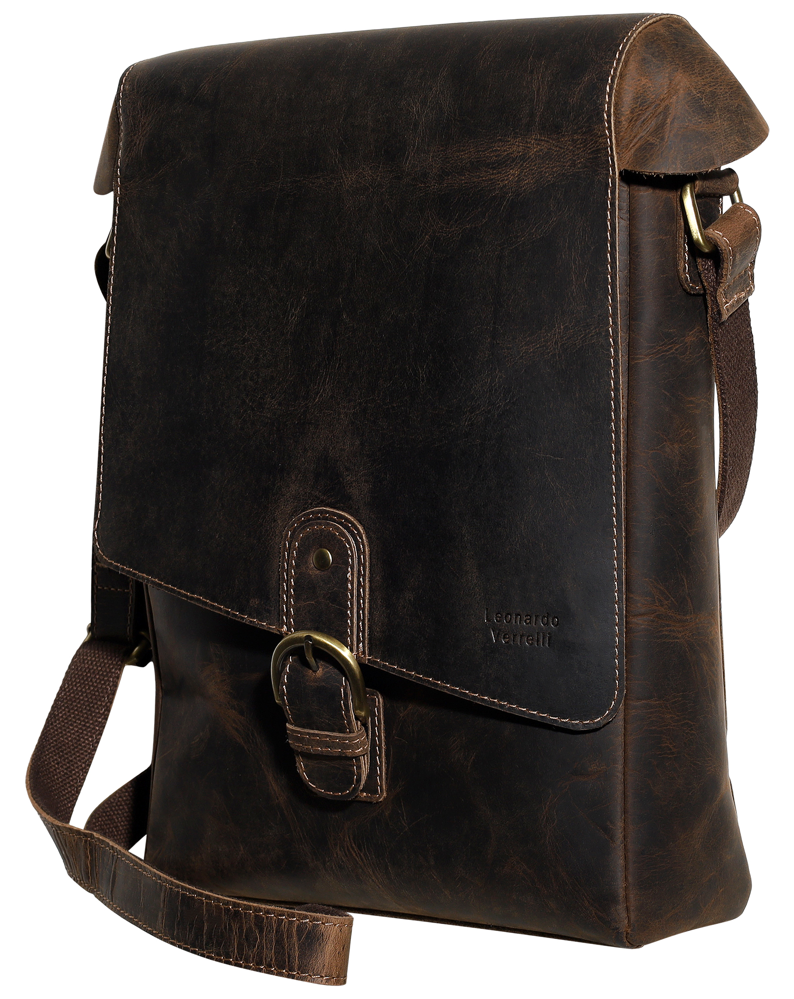 Leonardo Verrelli Messenger Bag aus Echtleder im Vintage-Look, dunkelbraun