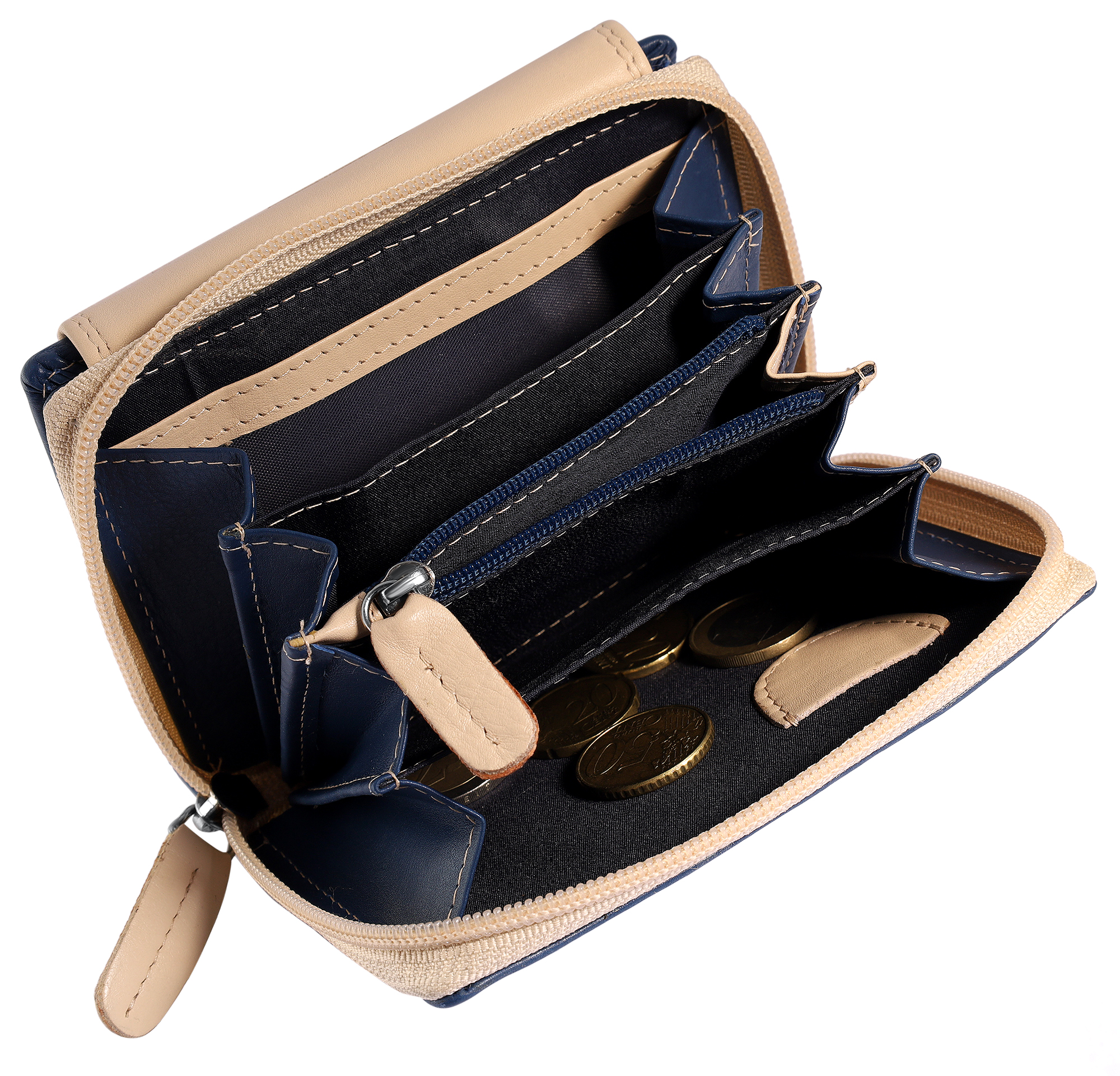 Leonardo Verrelli Echtleder (Nappa) Damen Geldbörse, RFID, Querformat, blau/ beige
