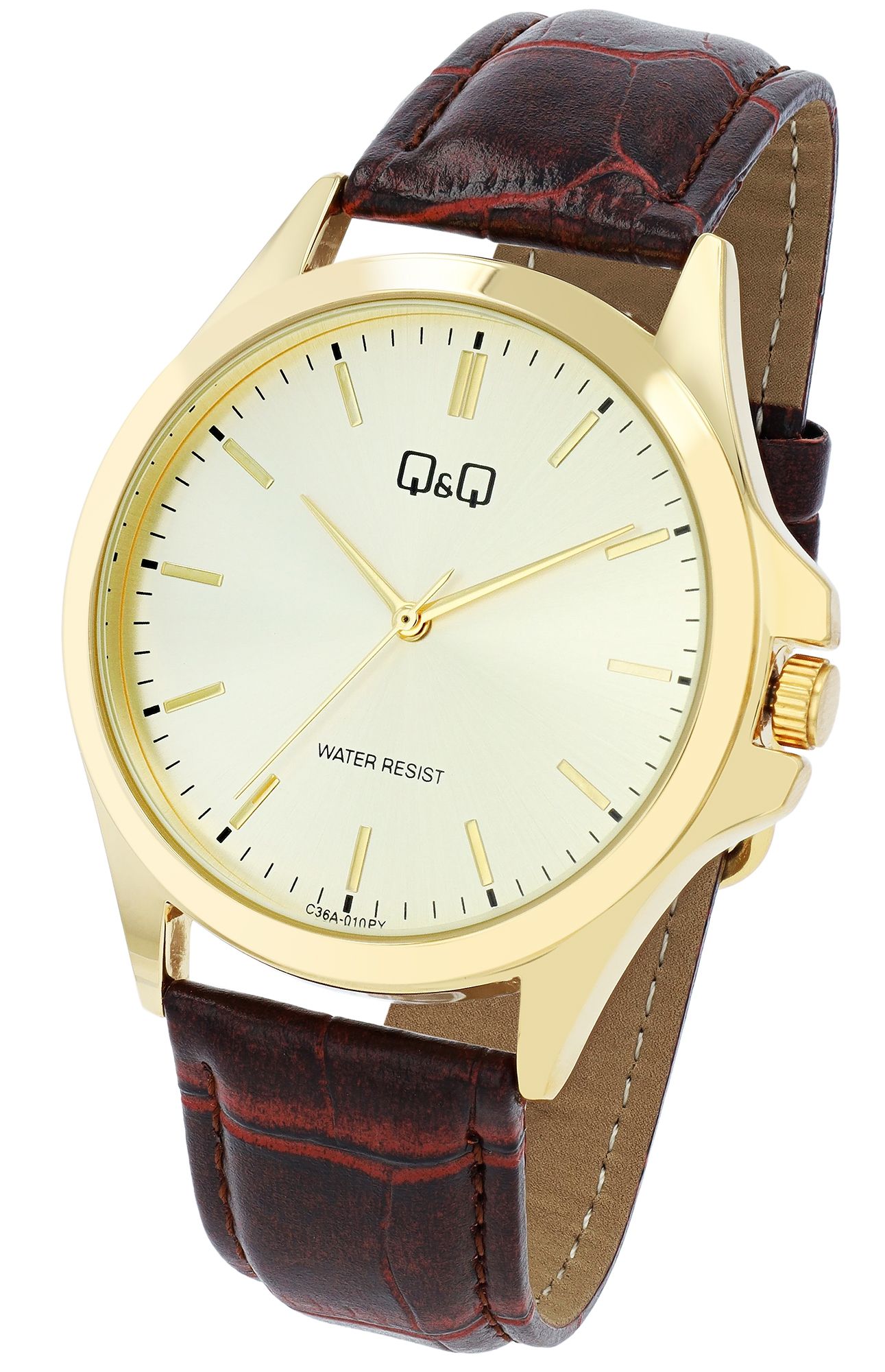 Q&Q Herrenuhr, Lederimitationsband, Ø 40 mm, braun/goldfarben