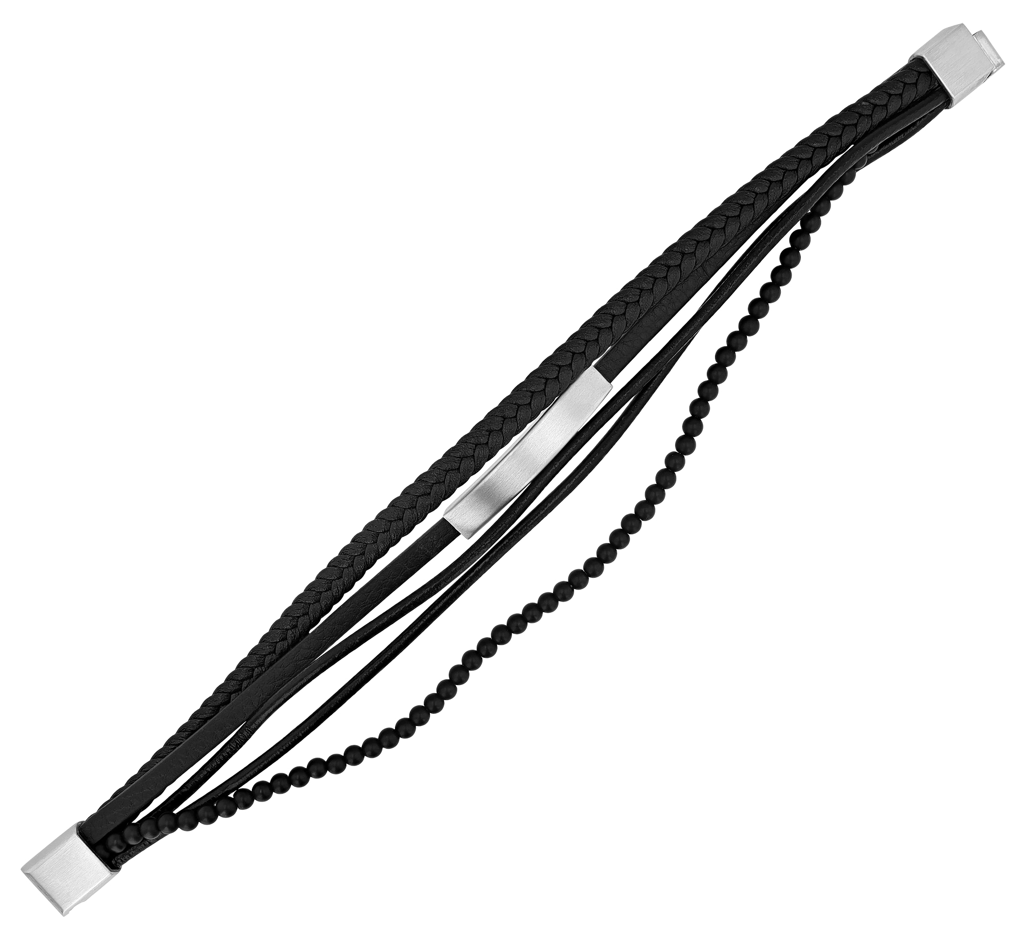 "Aegir" Lederimitat-Armband + Naturstein (Onyx), Gravurplatte, schwarz/silberfarbig, 23 cm