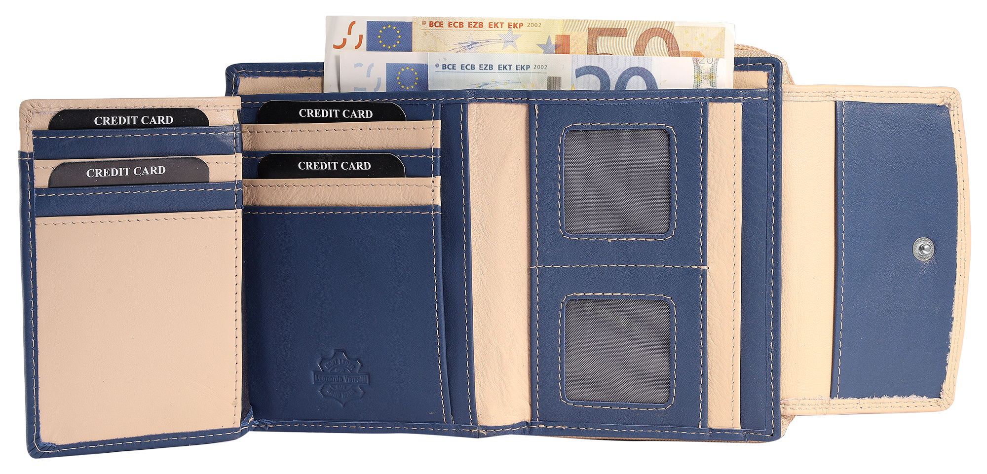 Leonardo Verrelli Echtleder (Nappa) Damen Geldbörse, RFID, Querformat, blau/ beige