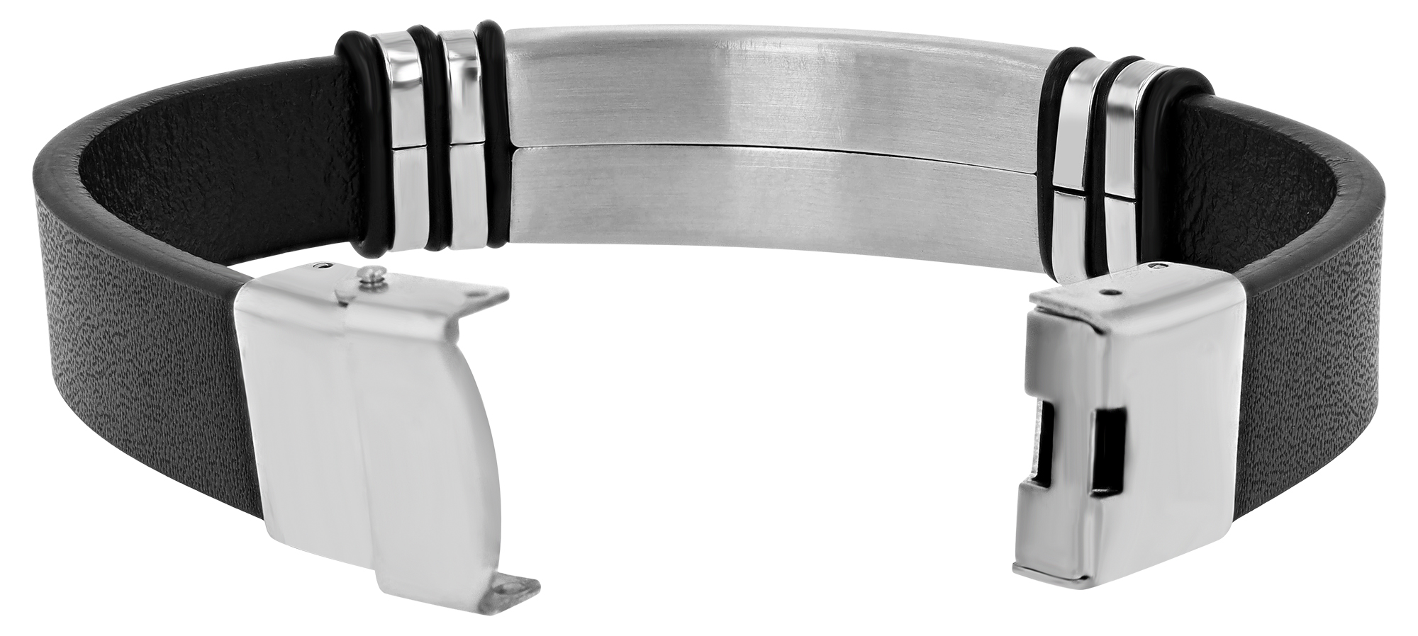 "Tim" Echtlederarmband mit Gravurplatte, 21 cm, schwarz/ silberfarben