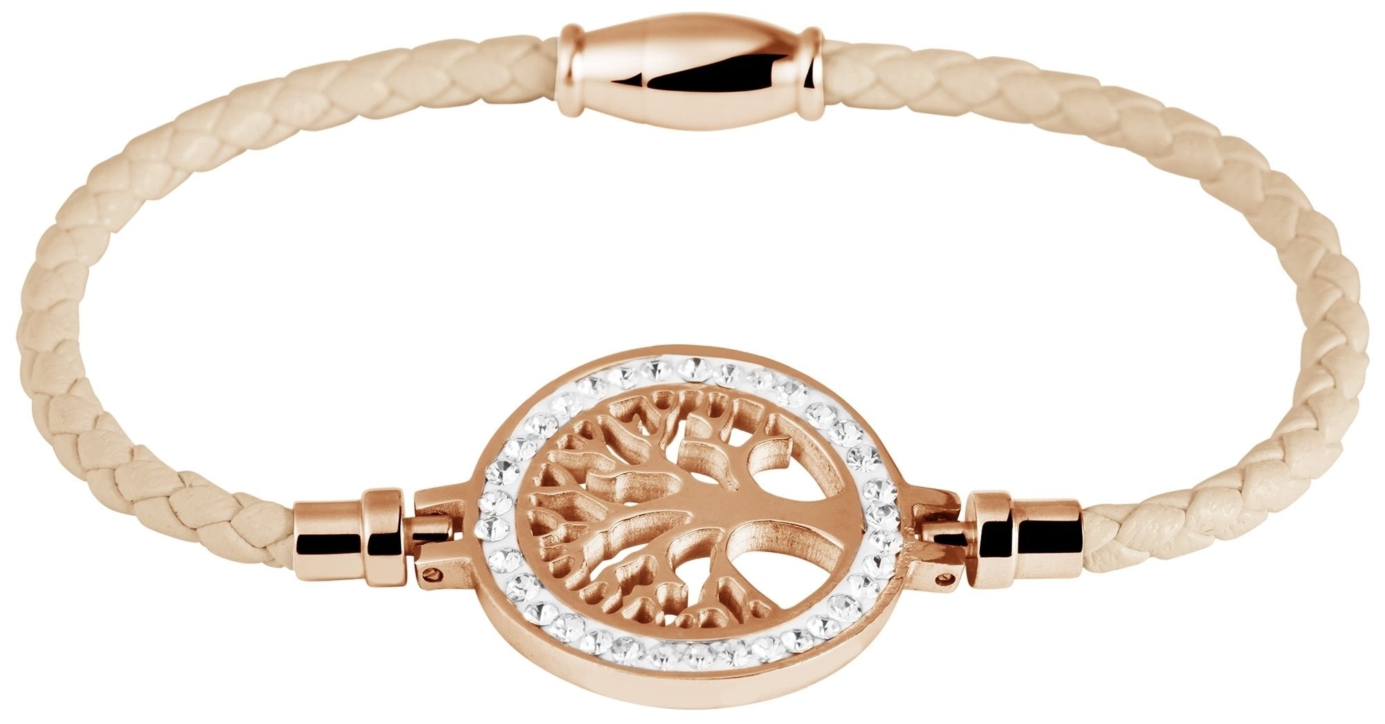 Akzent Armband aus Lederimitat, geflochten mit Edelstahlelement Lebensbaum, beige/roségoldfarben