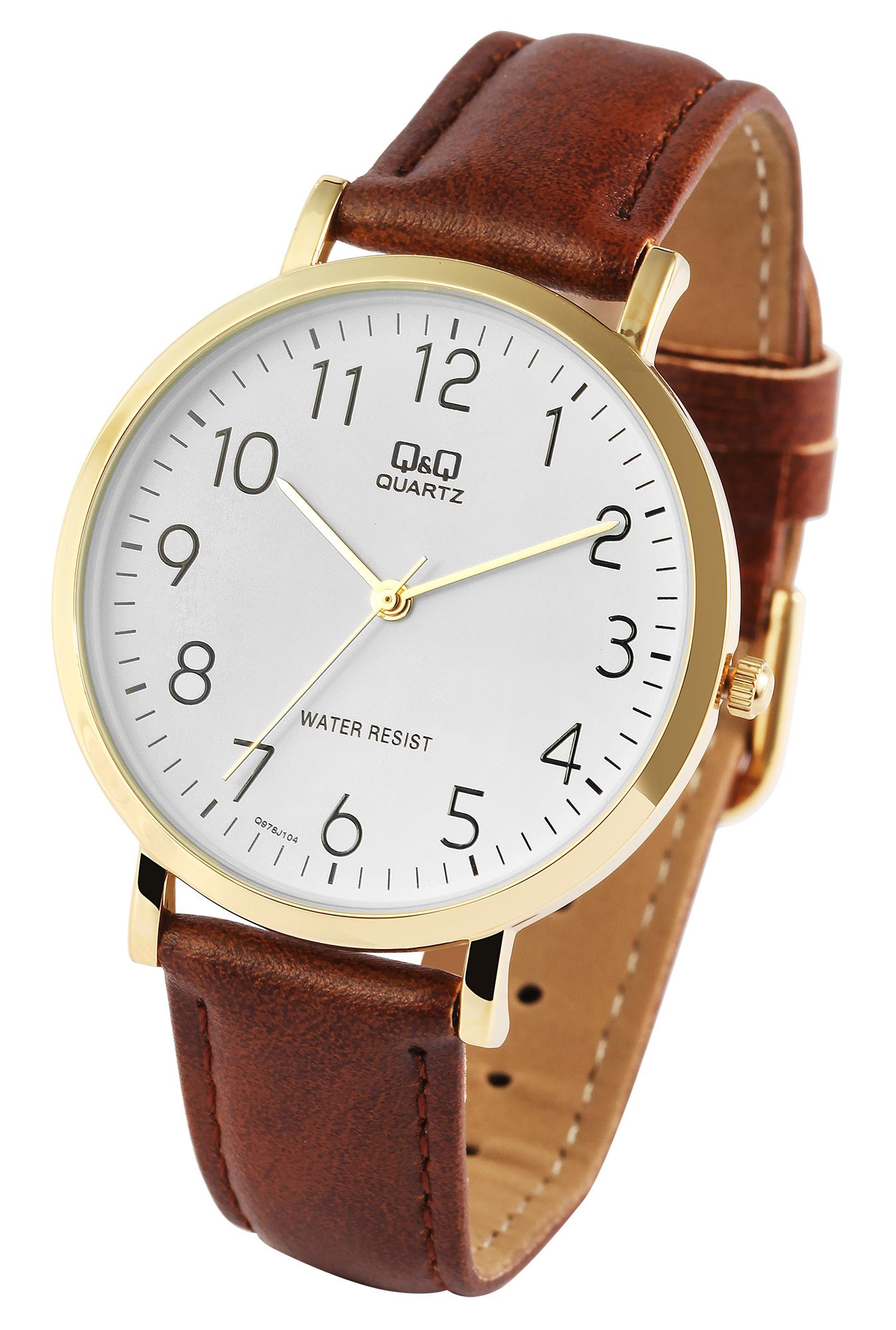 Q&Q Herrenuhr mit Lederimitationsarmband in braun/goldfarben, 3 bar