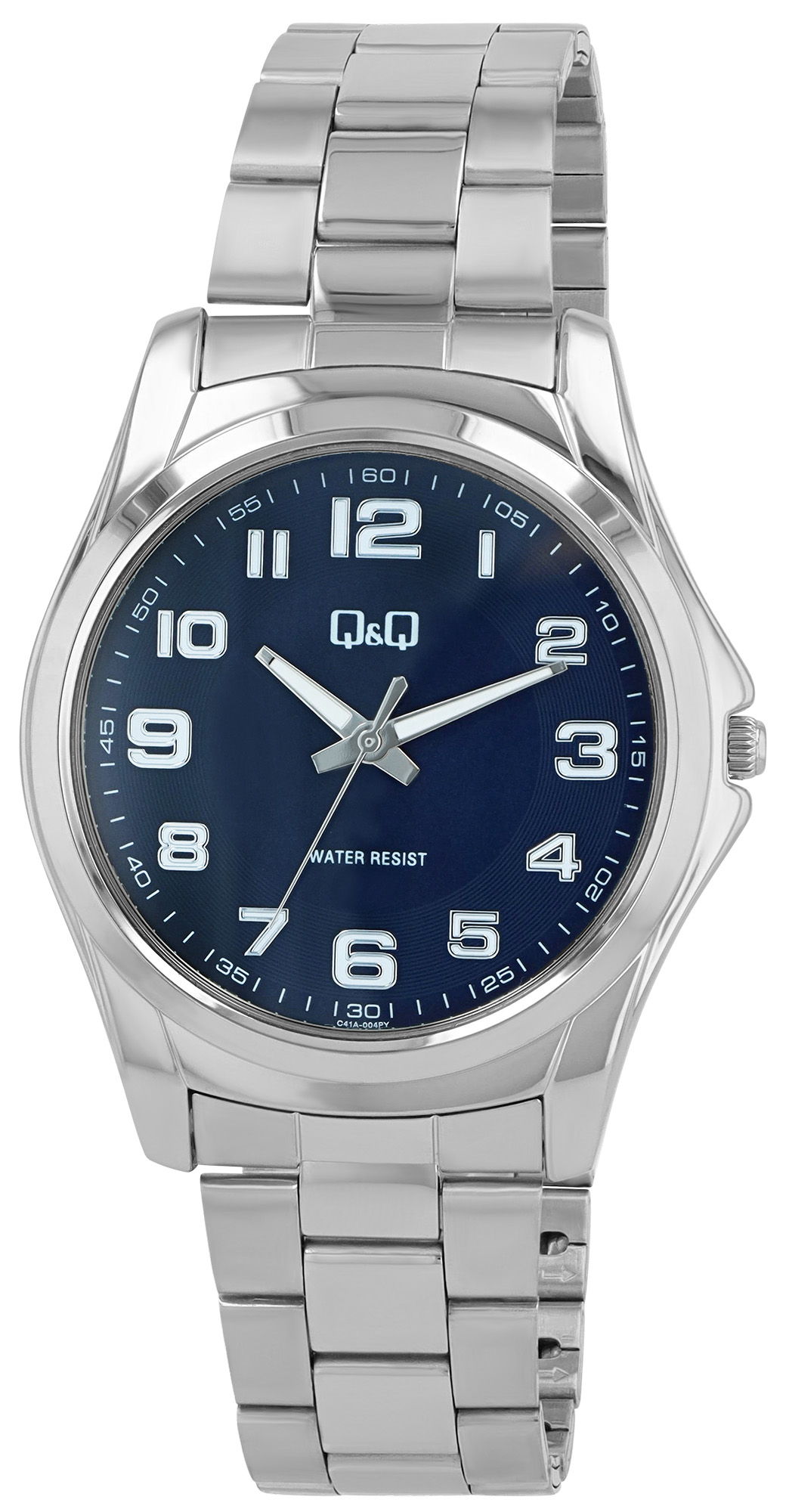 Q&Q Herrenuhr Ø 45 mm, Edelstahlband, silberfarben/ blau