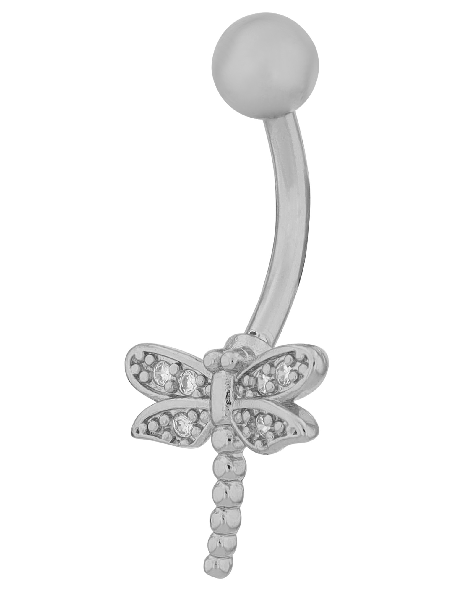 "Emy" Edelstahl-Bronze Bauchnabelpiercing, Länge 12 mm/ Stärke 1,8 mm, Libelle, Zirkonia, silberfarben