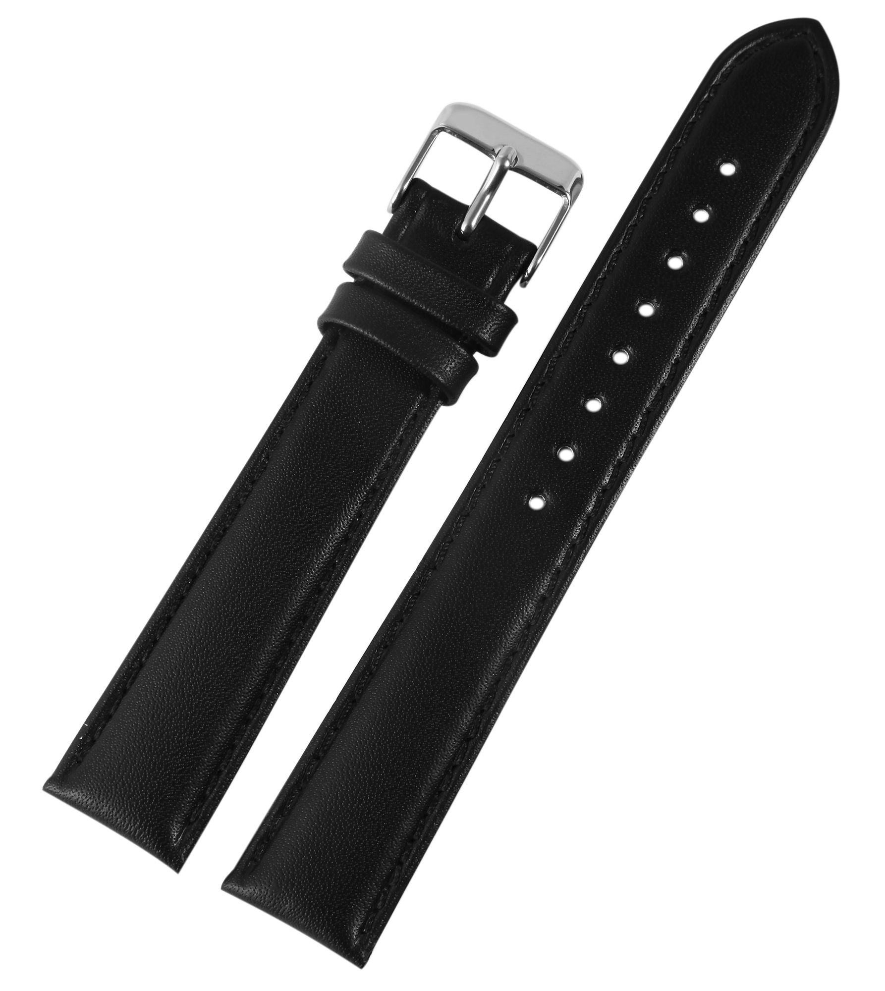Echtleder-Uhrenarmband mit Naht, gepolstert, schwarz, 20 mm