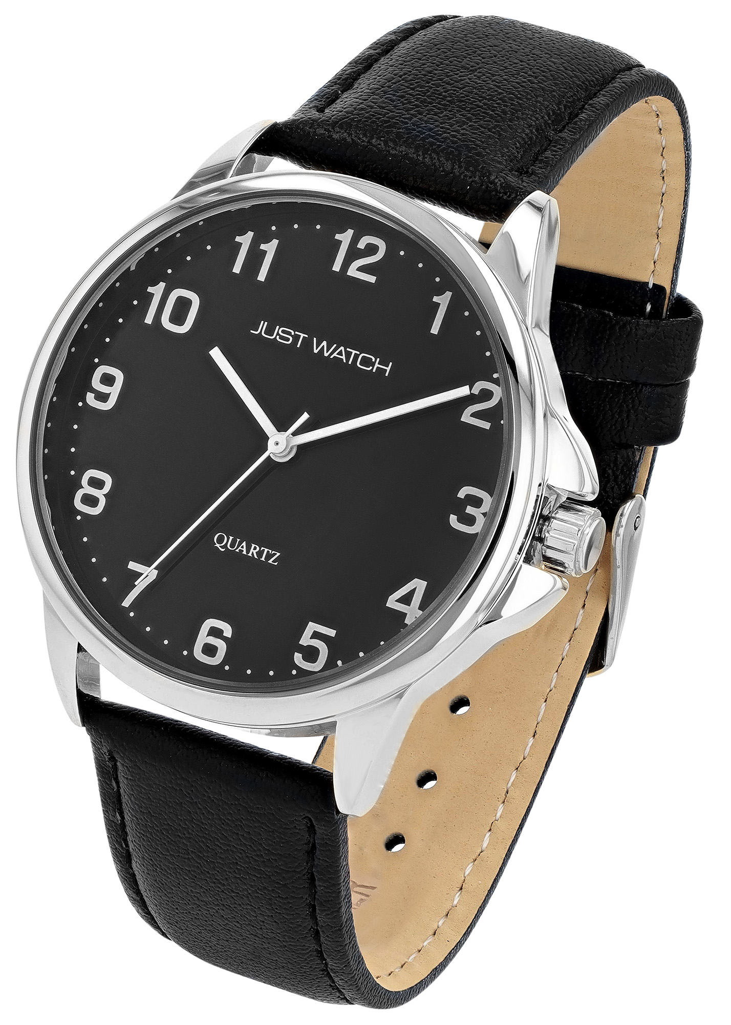Just Watch "Bernard" Herrenuhr Ø 39 mm, Echtlederband, schwarz/ silberfarben/ schwarz