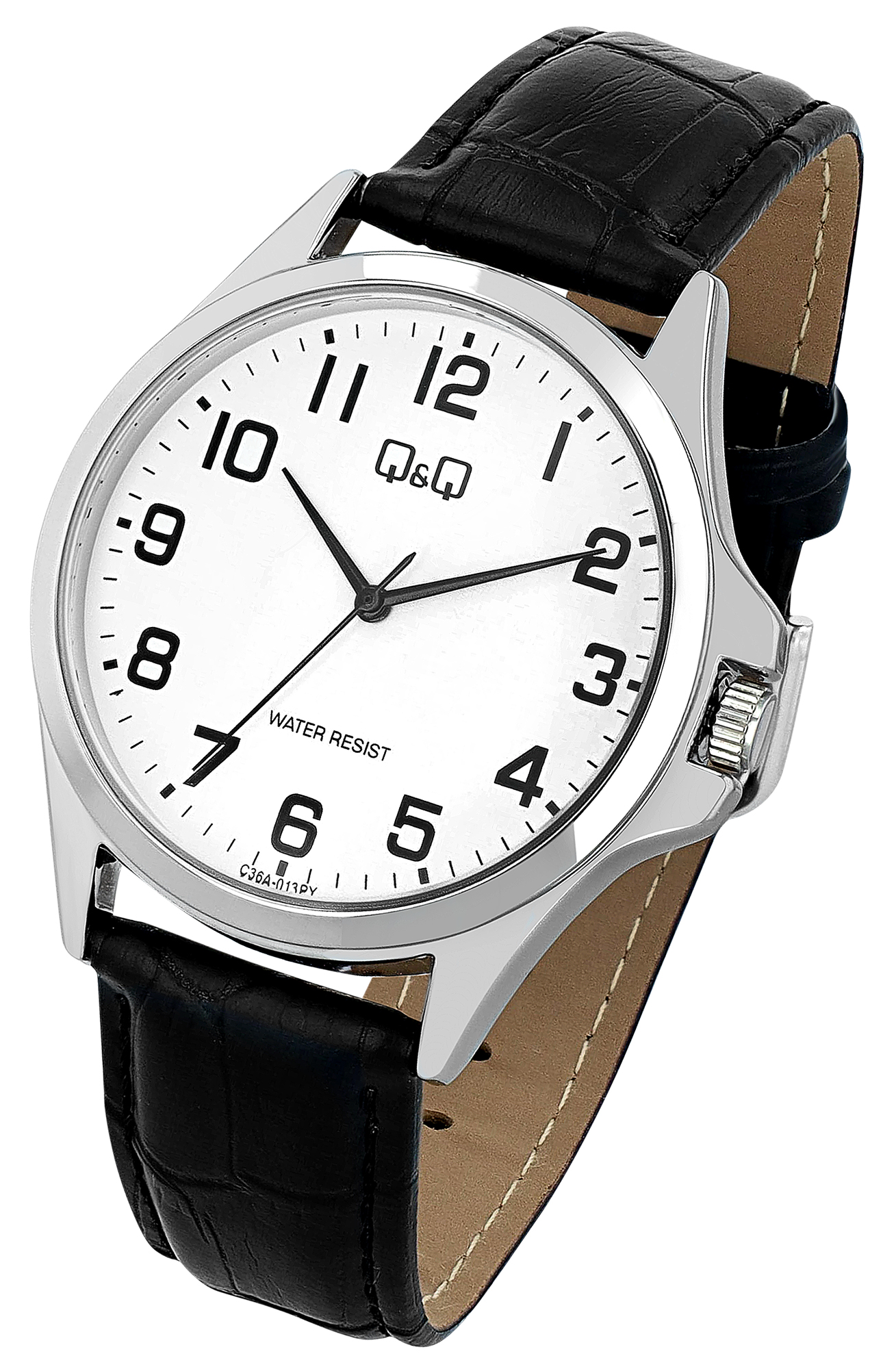 Q&Q Herrenuhr, Lederimitationsband, Ø 40 mm, schwarz/ silberfarben/ weiß
