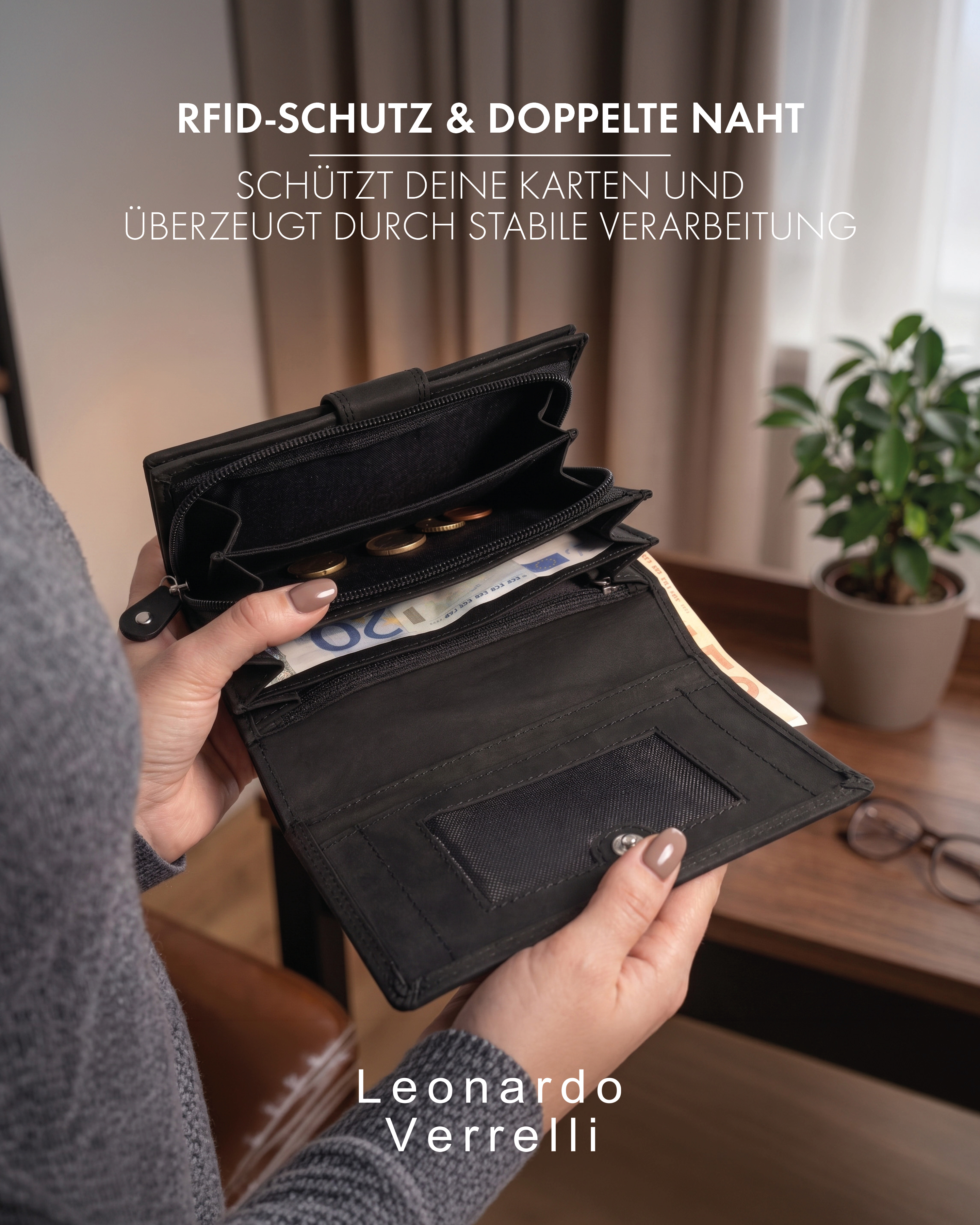Leonardo Verrelli Echtleder (Hunter) Damen Geldbörse, Querformat, RFID, schwarz