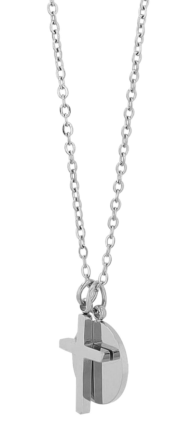 "Caitlin" Edelstahl Kette (41+5 cm) mit Anhänger - Kreuz/ Gravurplättchen, silberfarben