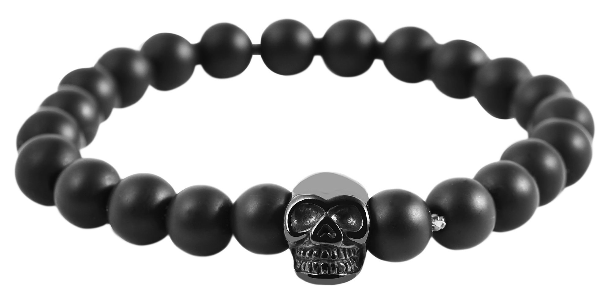 Akzent Naturstein Kugelarmband (schwarzer Achat) mit Edelstahlelement Totenkopf