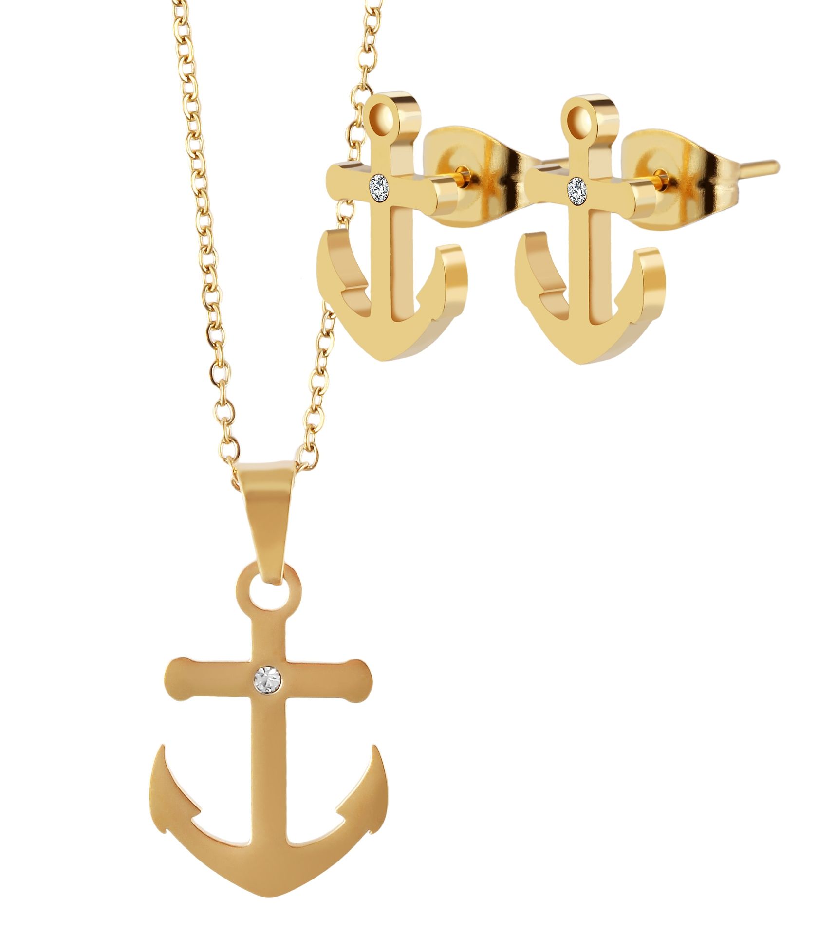 "Miera", Akzent Edelstahlschmuckset mit Ohrsteckern und Anhänger im Ankerdesign, goldfarbig