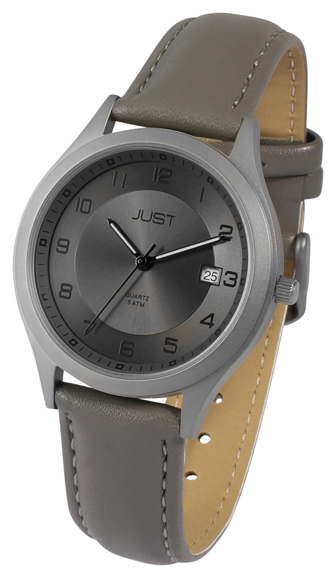 Just "Leon" Herrenuhr mit Echt Lederband, Titangehäuse, 5ATM, Grau