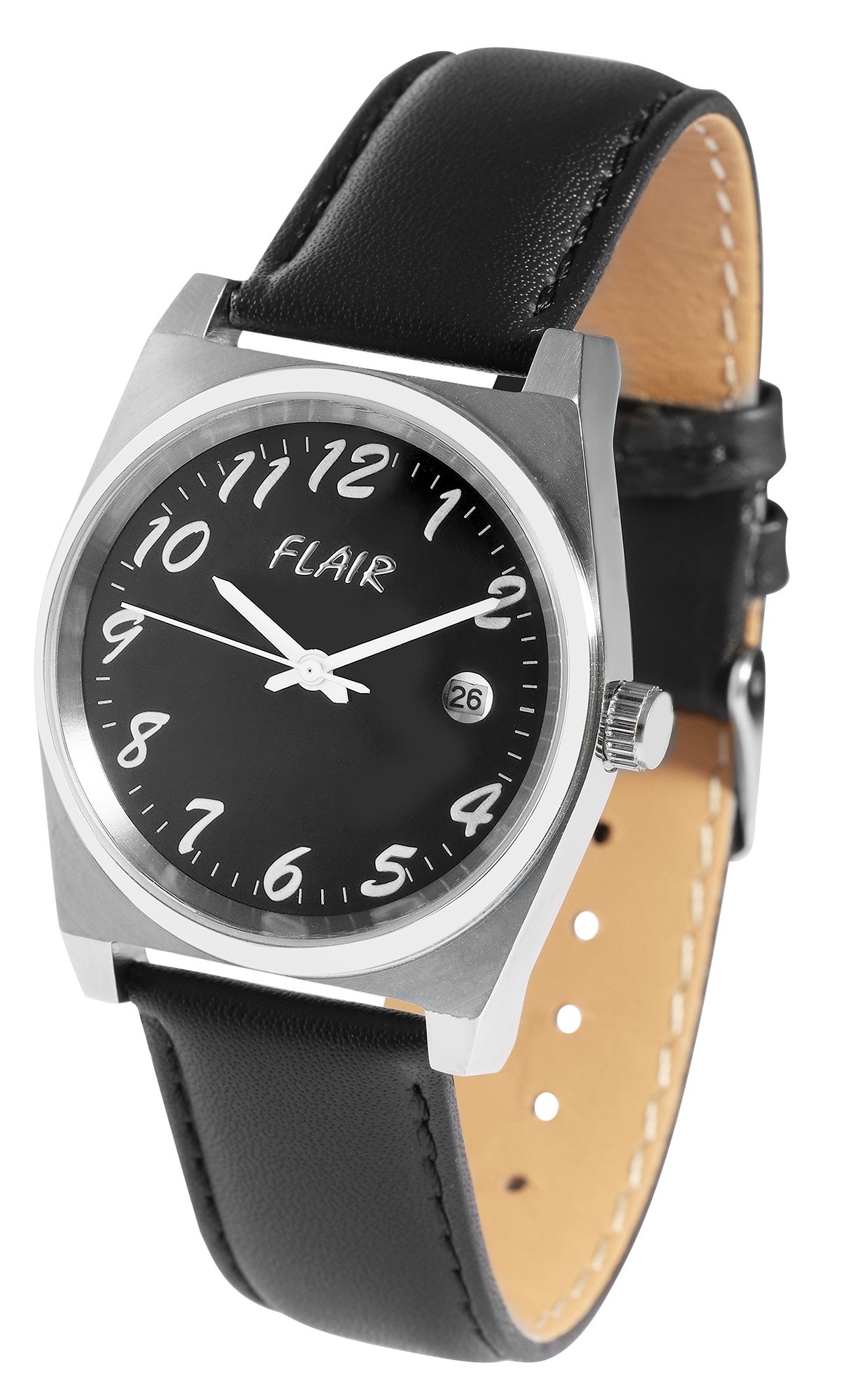 Flair Herrenuhr mit Echtlederarmband, Datumsanzeige, 5 ATM, schwarz/silberfarben