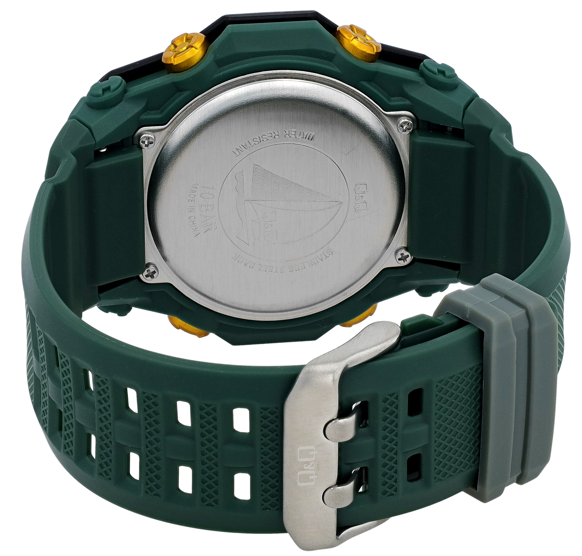 Q&Q Digitaluhr für Herren Ø 50 mm, Resinband, dunkelgrün (gelbe Details)