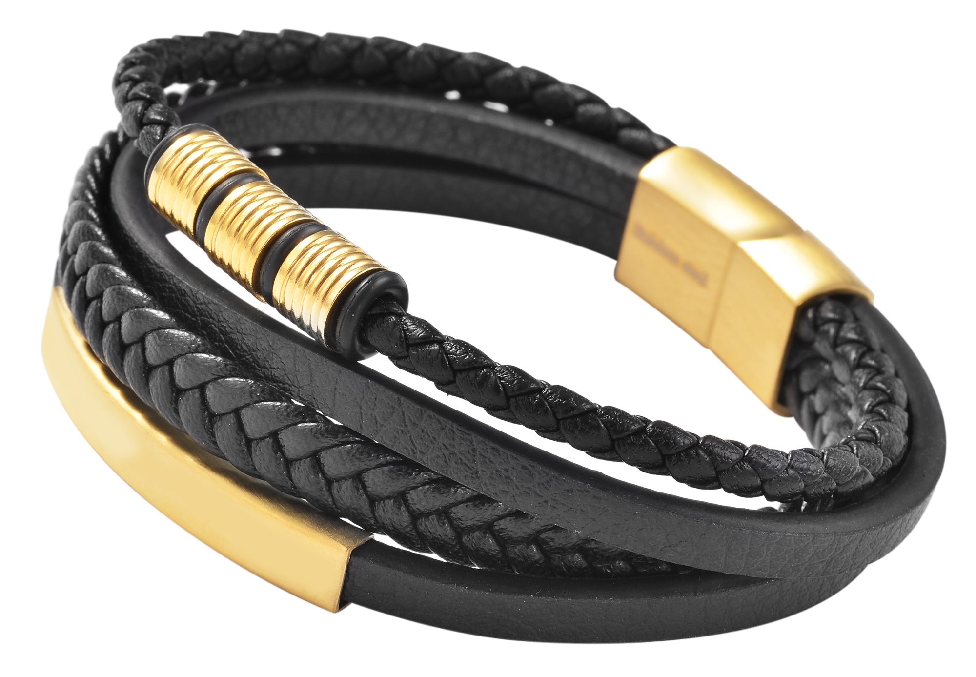 Akzent Armband aus Lederimitation mit Edelstahlelementen, Ionenplattiert, schwarz/goldfarben, 19 cm