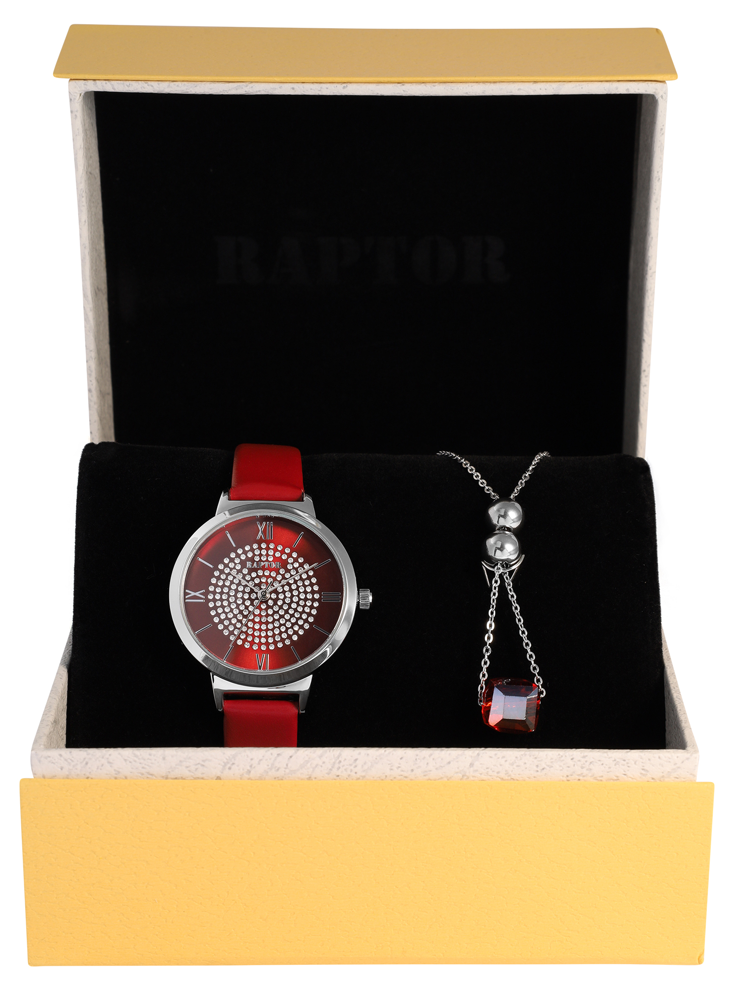 Raptor Damen Geschenkset - Damenuhr Echtlederband mit Edekstahlkette 43+5 cm & Anhänger
