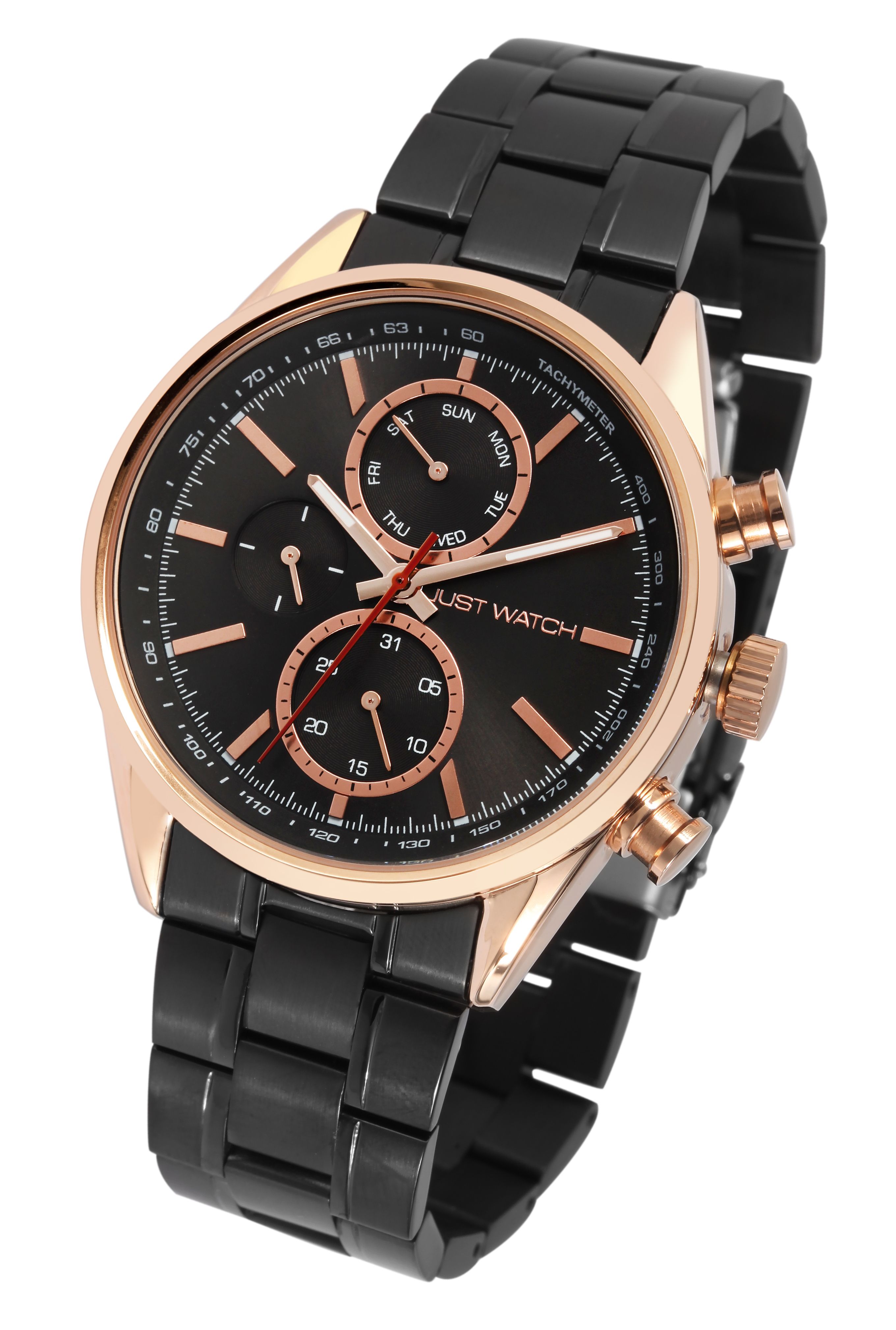 Just Watch Herrenuhr "Valcone" Edelstahlarmband, Datum- und Wochentagsanzeige, schwarz/roségoldfarben