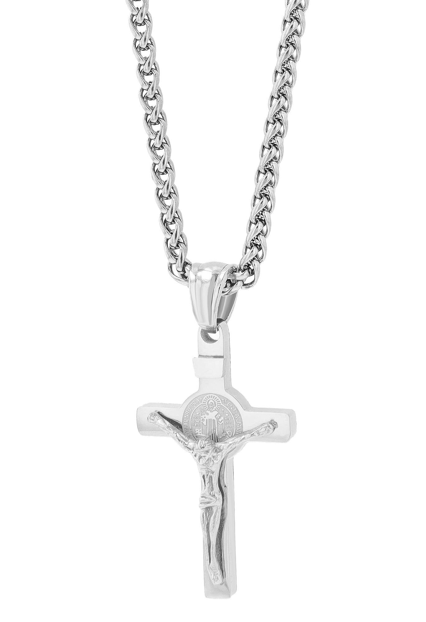 "Salvator" Edelstahl Kette + Anhänger - Kruzifix/ Kreuz, 50 cm +5cm, silberfarben