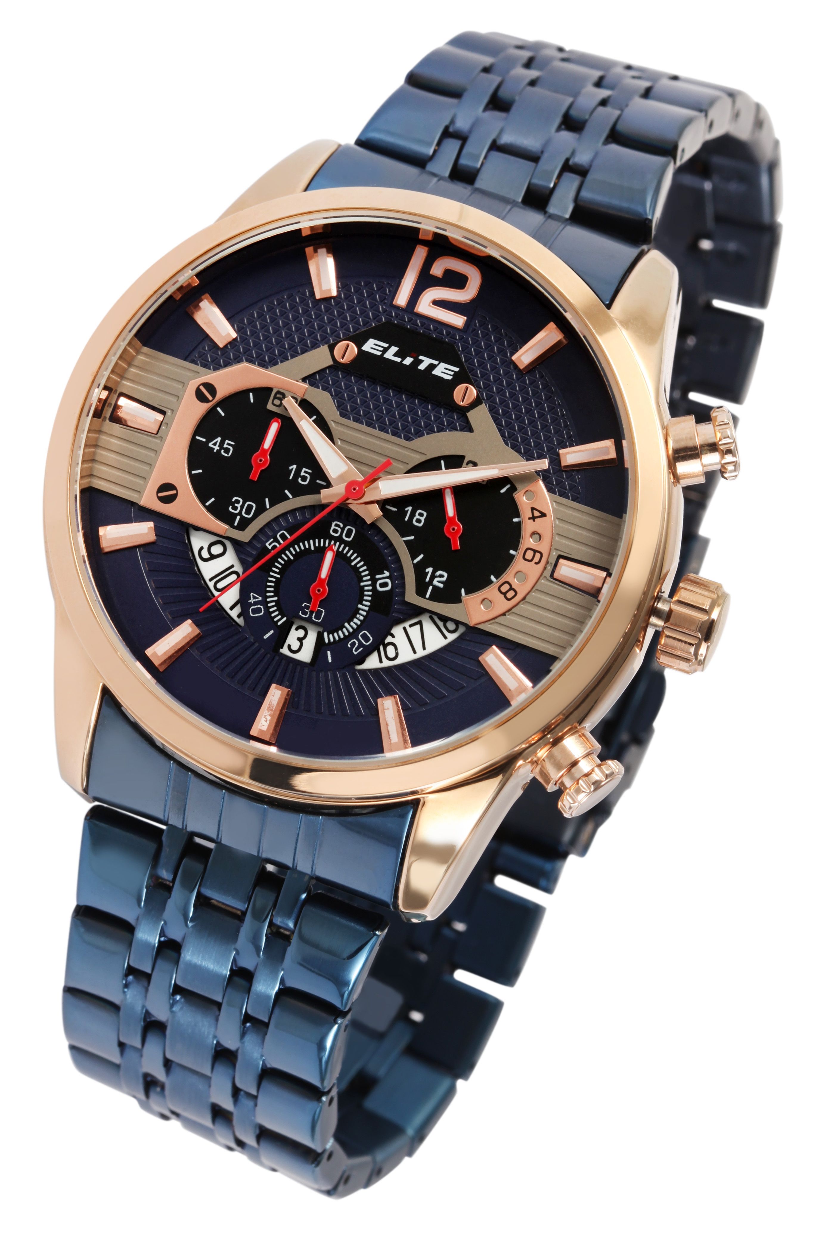 ELITE Herrenchronograph mit Edelstahlarmband, blau/roségoldfarben