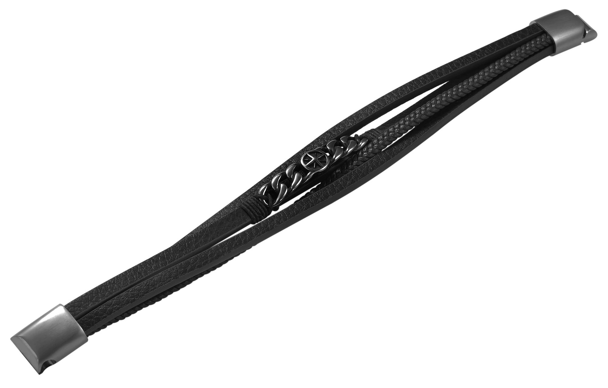 Akzent Armband aus Lederimitation mit Edelstahlelement, Ionenplattiert, schwarz, 23 cm