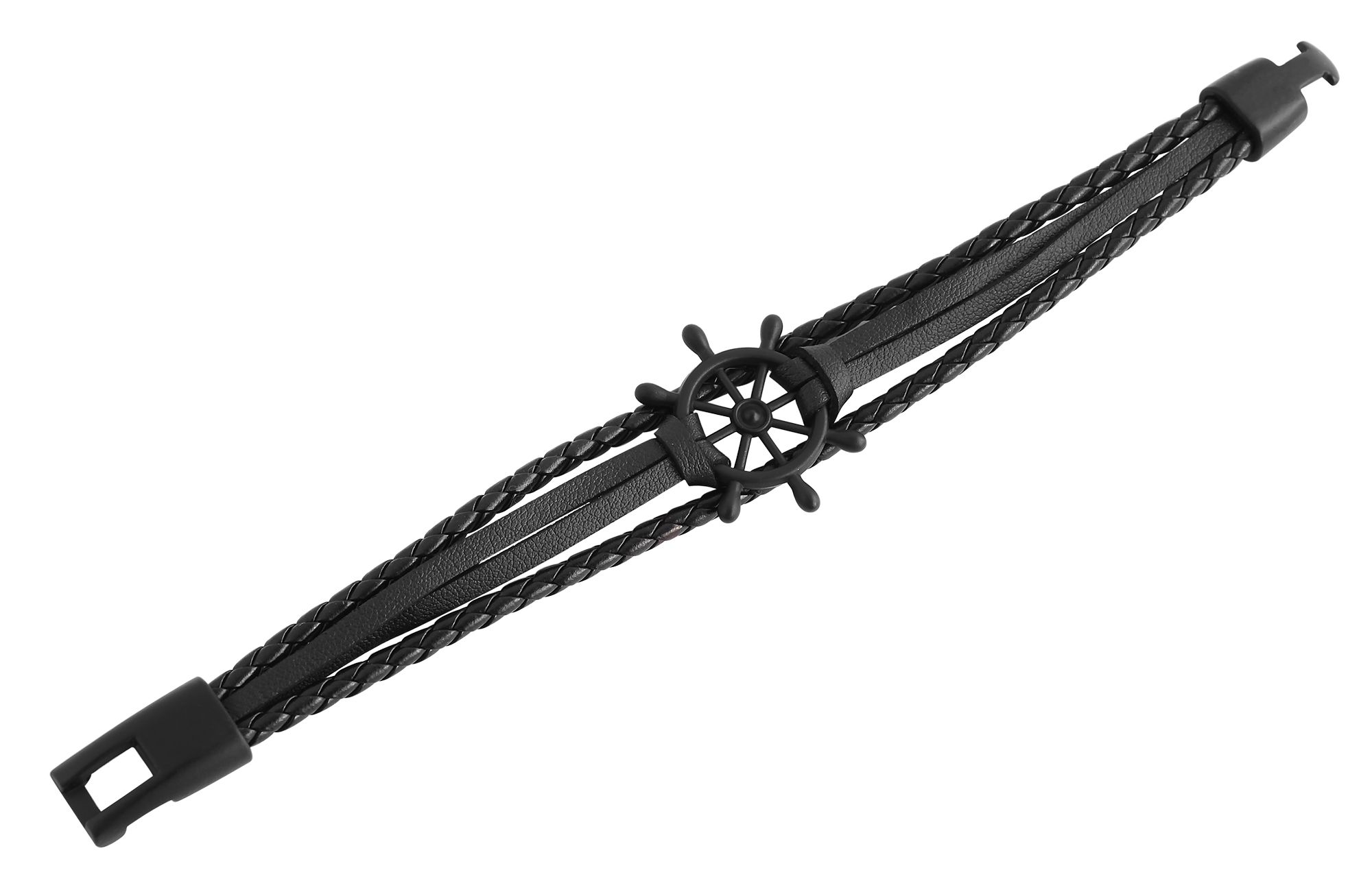 Akzent Echtlederarmband, vierreihig, mit Edelstahlelement Steuerrad, schwarz, 23 cm