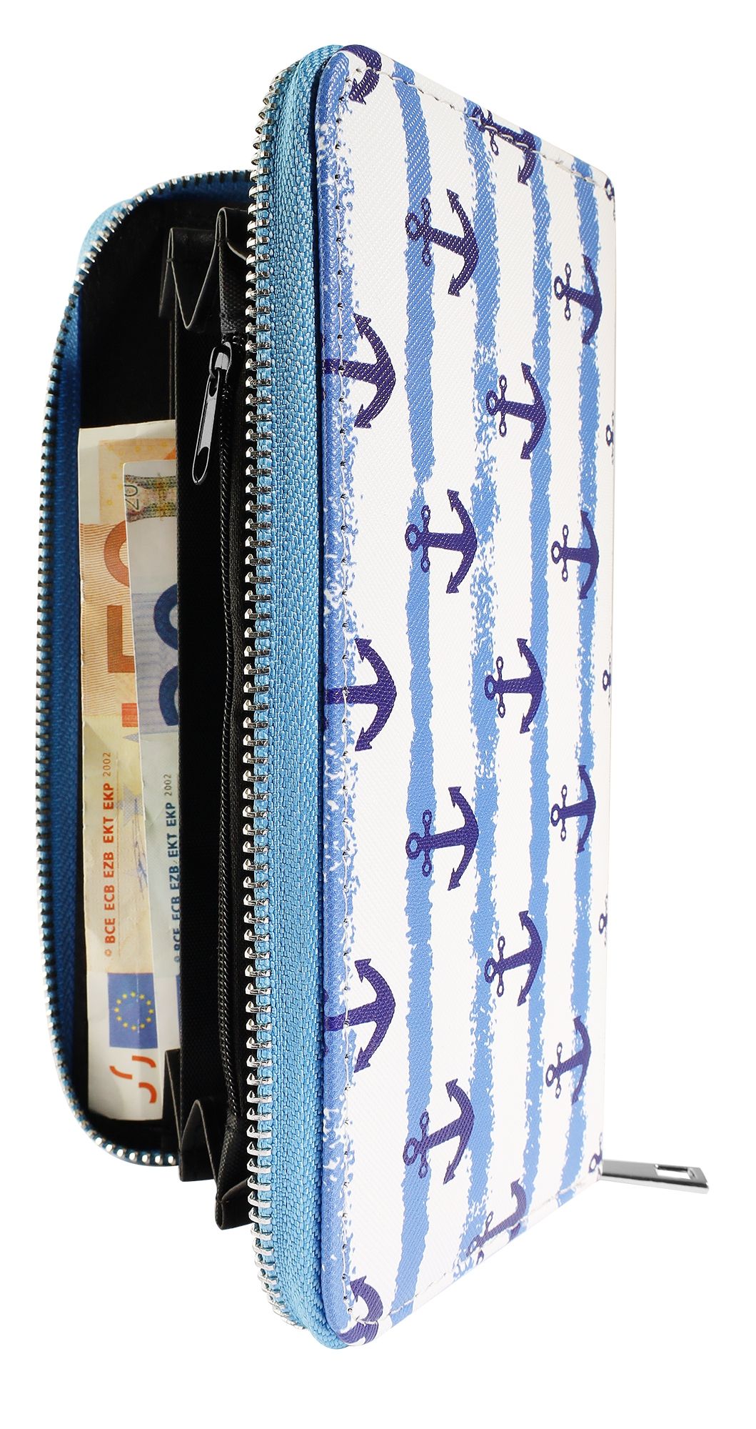 Cham Cham Damengeldbörse aus Lederimitat, martimes Design, blau/weiß mit dunkelblauen Ankern