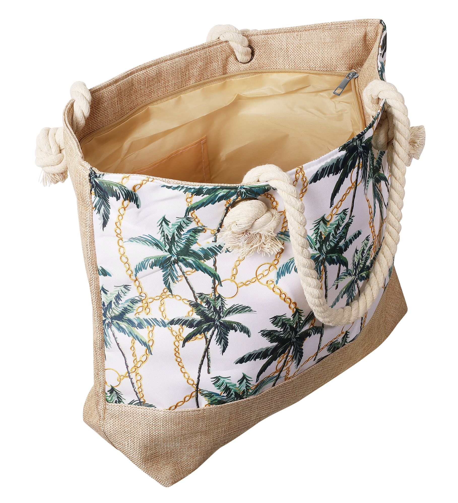 Strandtasche mit maritimen Motiven, weiß mit grünen Palmen