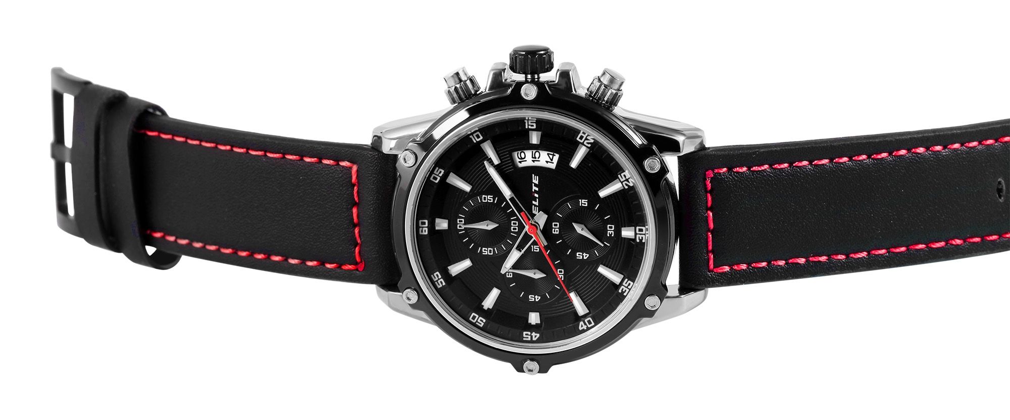 ELITE Herrenchronograph mit Echtlederband, schwarz/rot