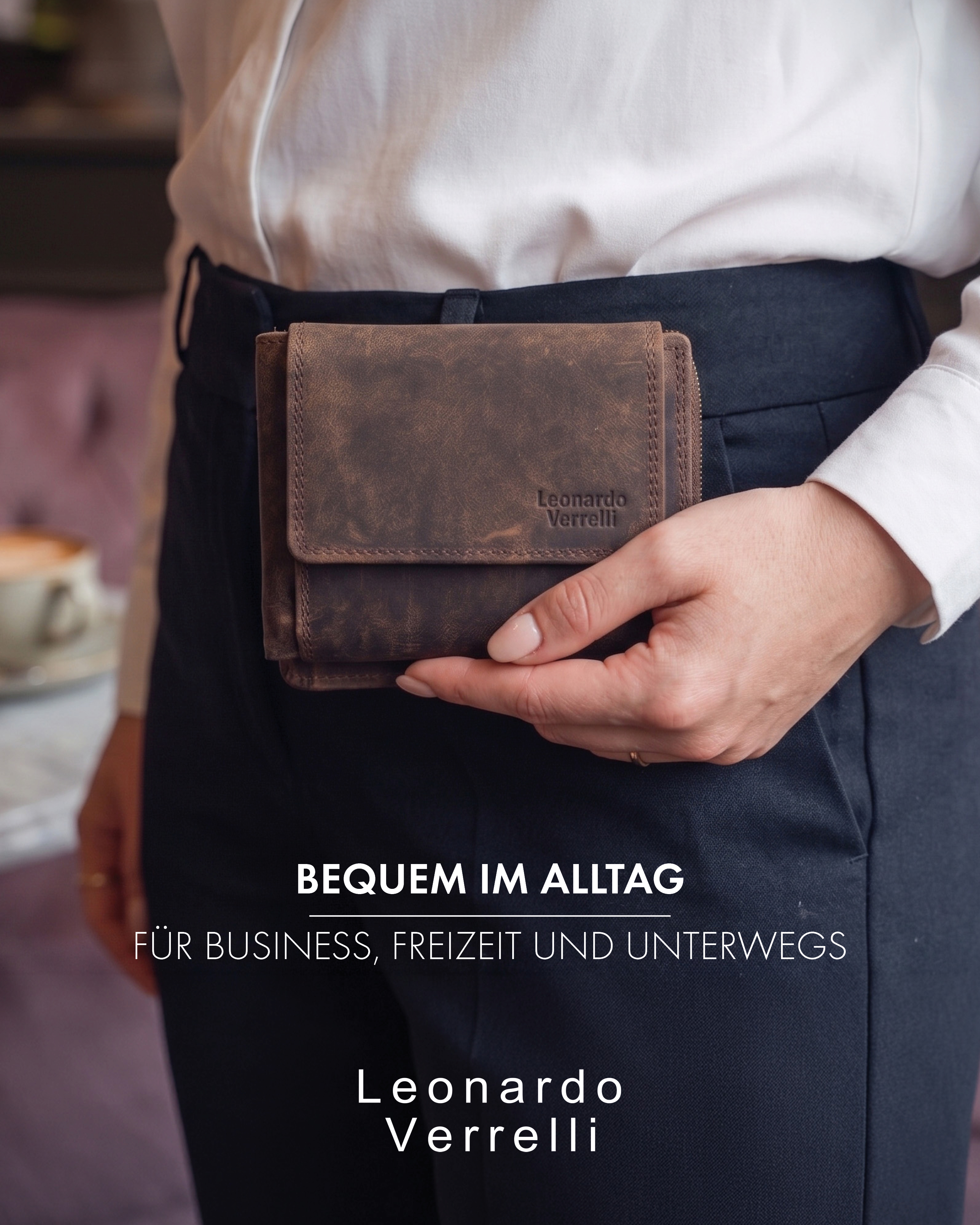 Leonardo Verrelli Echtleder (Hunter) Damen Geldbörse, Querformat, RFID, braun