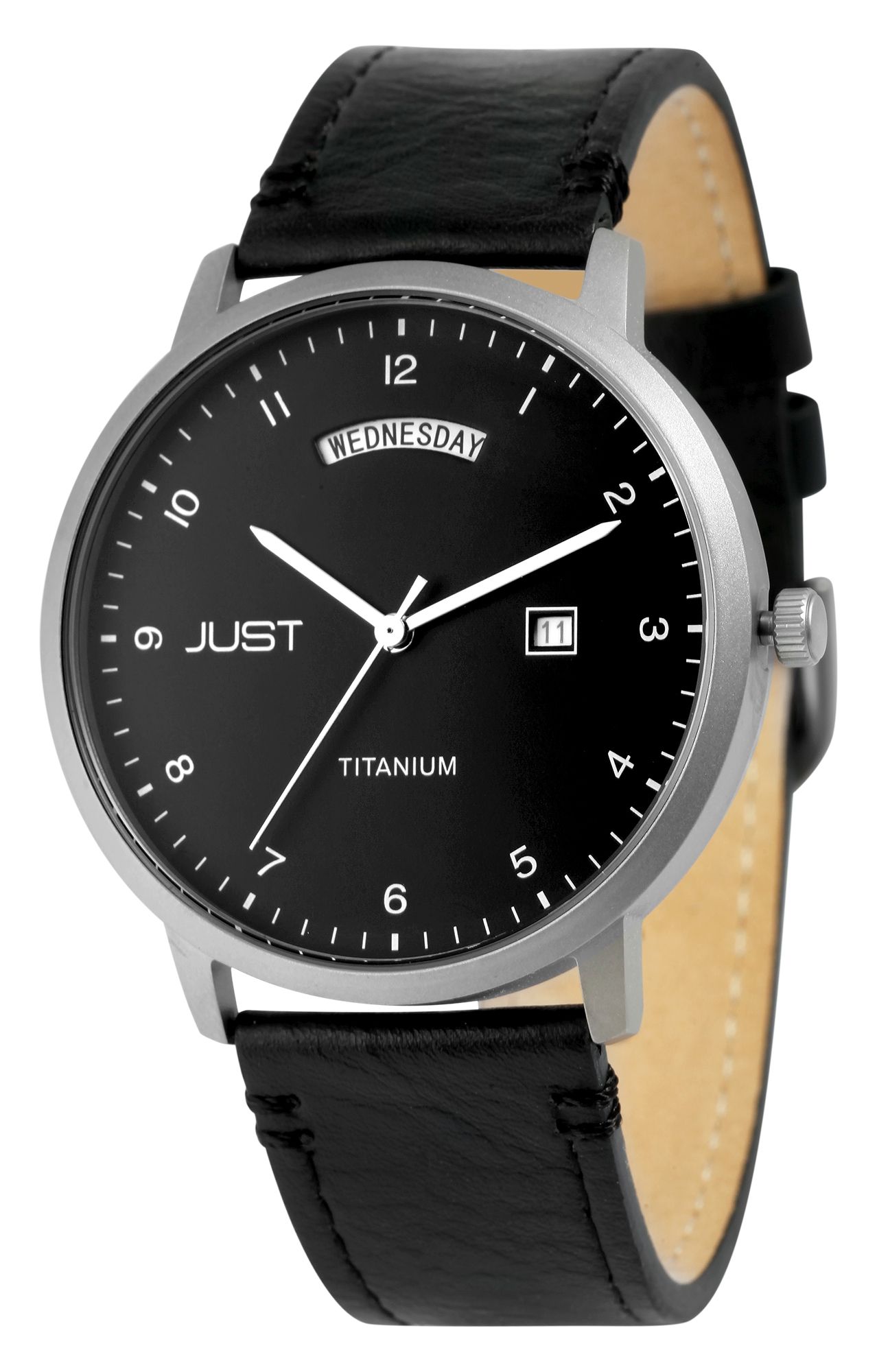 Just Titan Herrenuhr mit Echtlederarmband, 5 ATM, schwarz